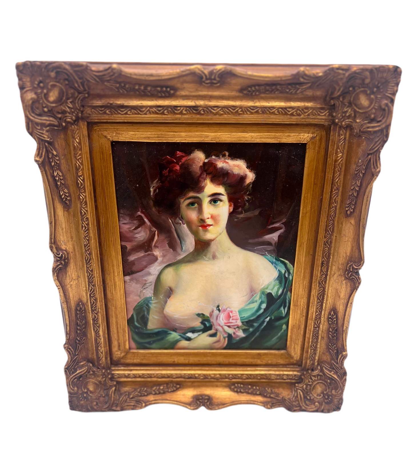 ANTIQUE STYLE PORTRAIT PAINTING OF LADY WITH ROSE IN ORNATE GILT FRAME