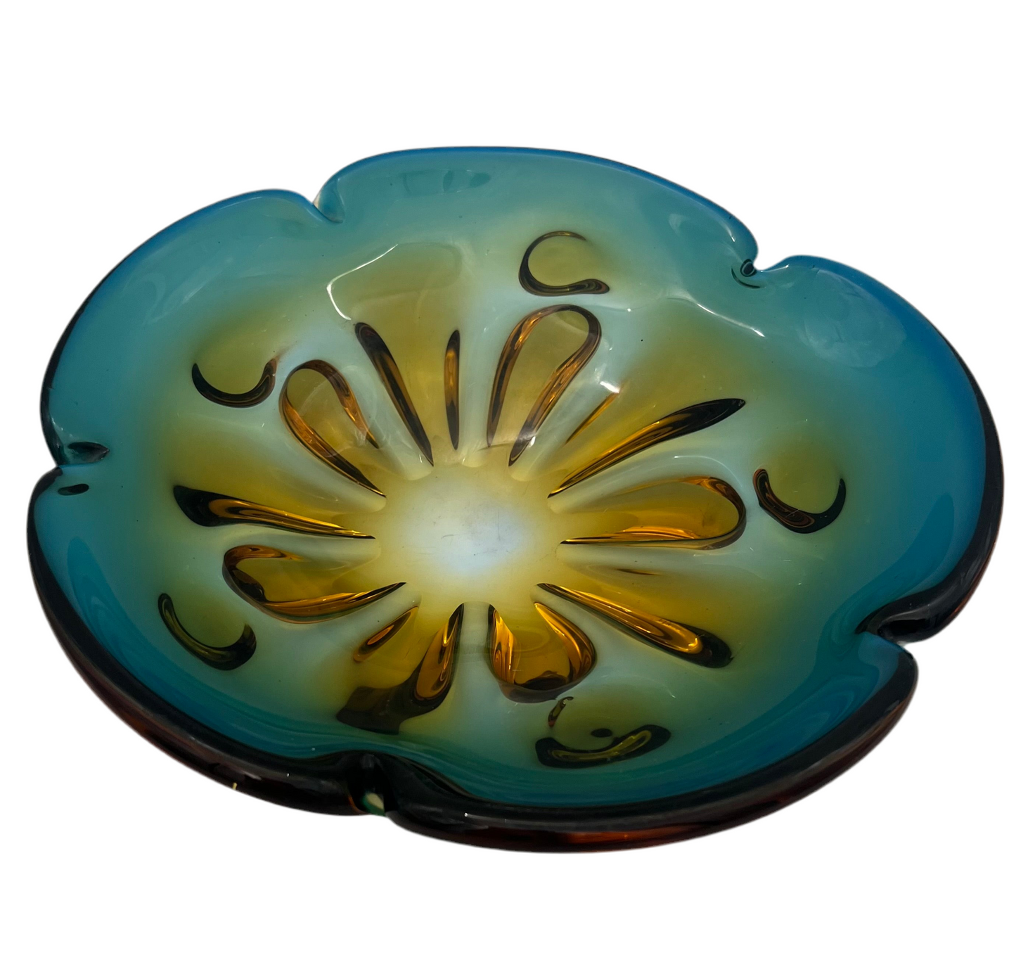 Attributed Seguso Vetri d’Arte Murano Sommerso Glass Bowl – Flavio Poli Design – Aqua & Amber Lobed Flower (9.5”)