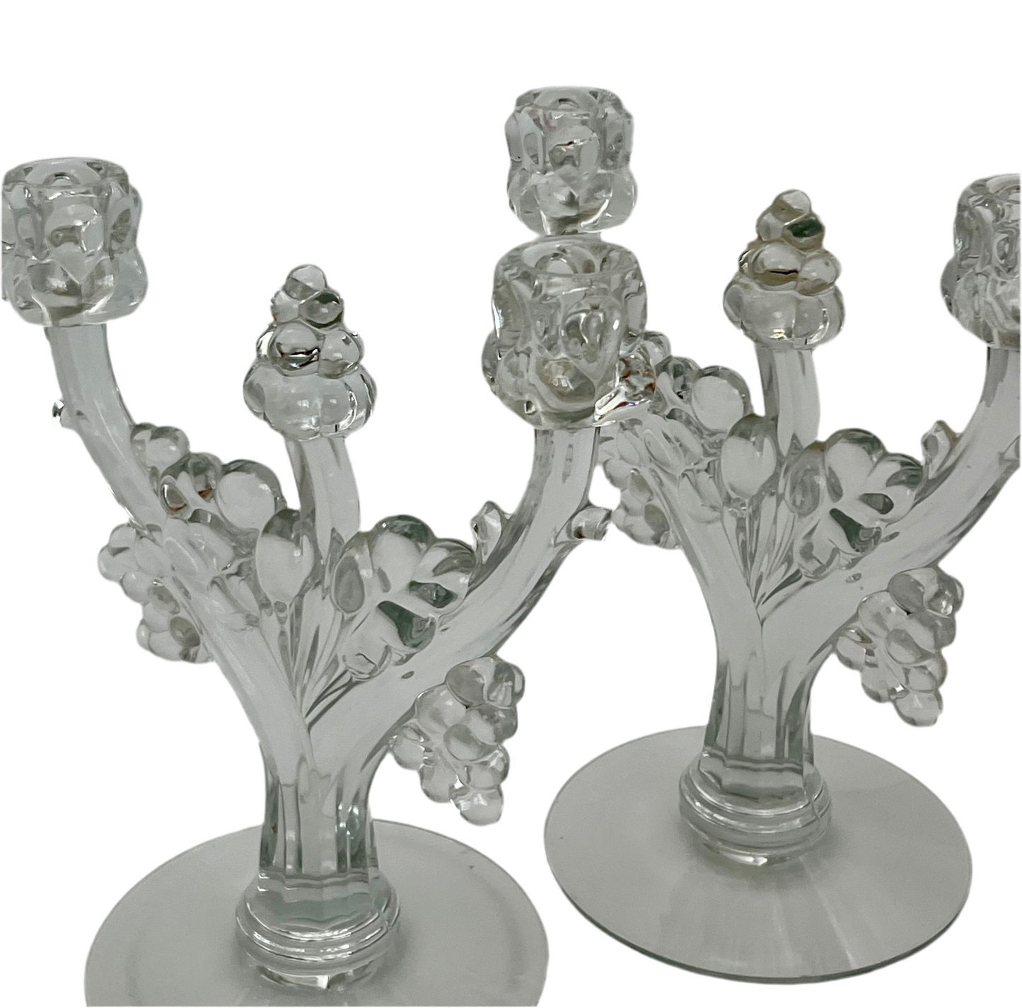 PAIR OF ANTIQUE HEISEY GLASS TRIPLE CANDLE HOLDERS – GRAPE & LEAF DESIGN, SIGNED