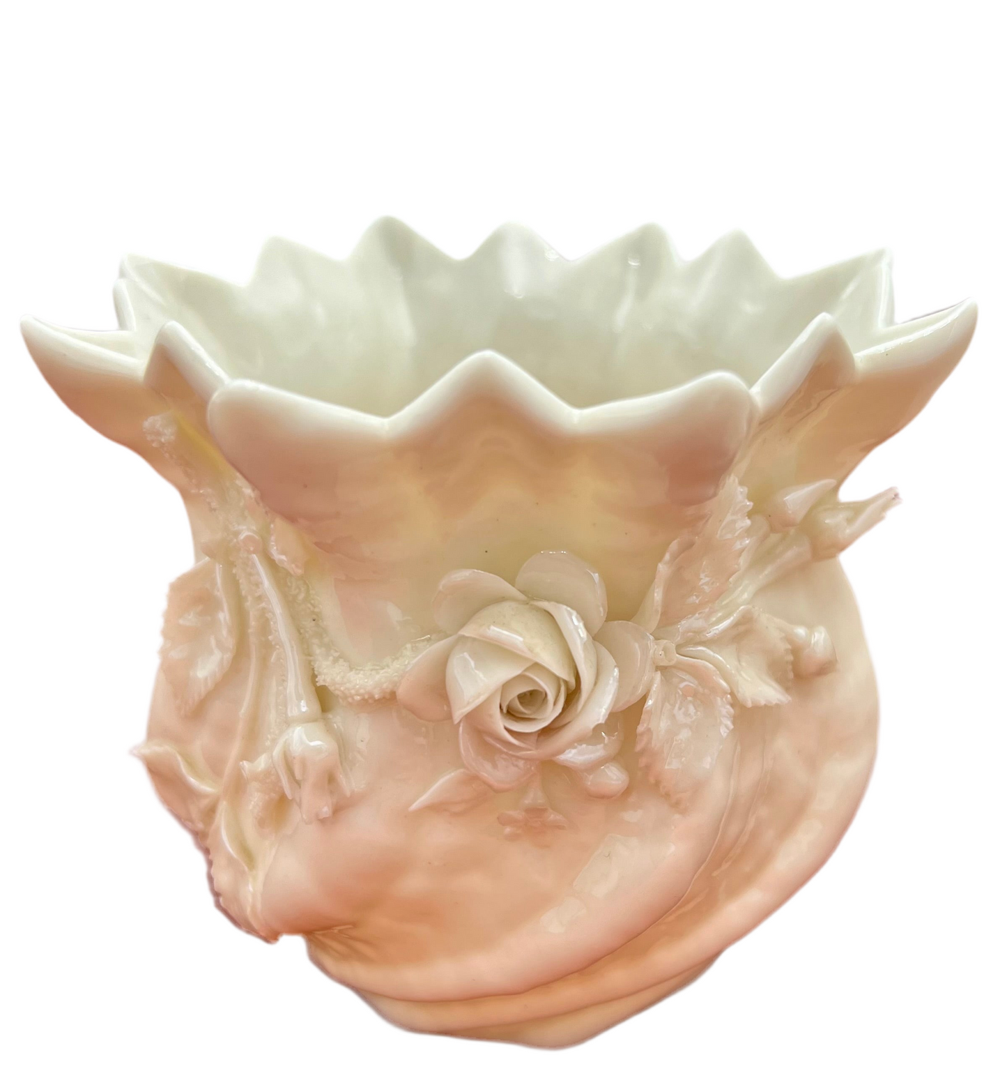 PAIR OF BELLEEK IRELAND PORCELAIN SHELL ROSE PLANTERS – 3RD BLACK MARK 1926–1946 – VINTAGE IRISH PARIAN PORCELAIN – MINT CONDITION