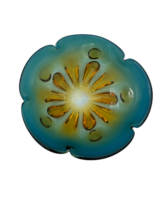 Attributed Seguso Vetri d’Arte Murano Sommerso Glass Bowl – Flavio Poli Design – Aqua & Amber Lobed Flower (9.5”)