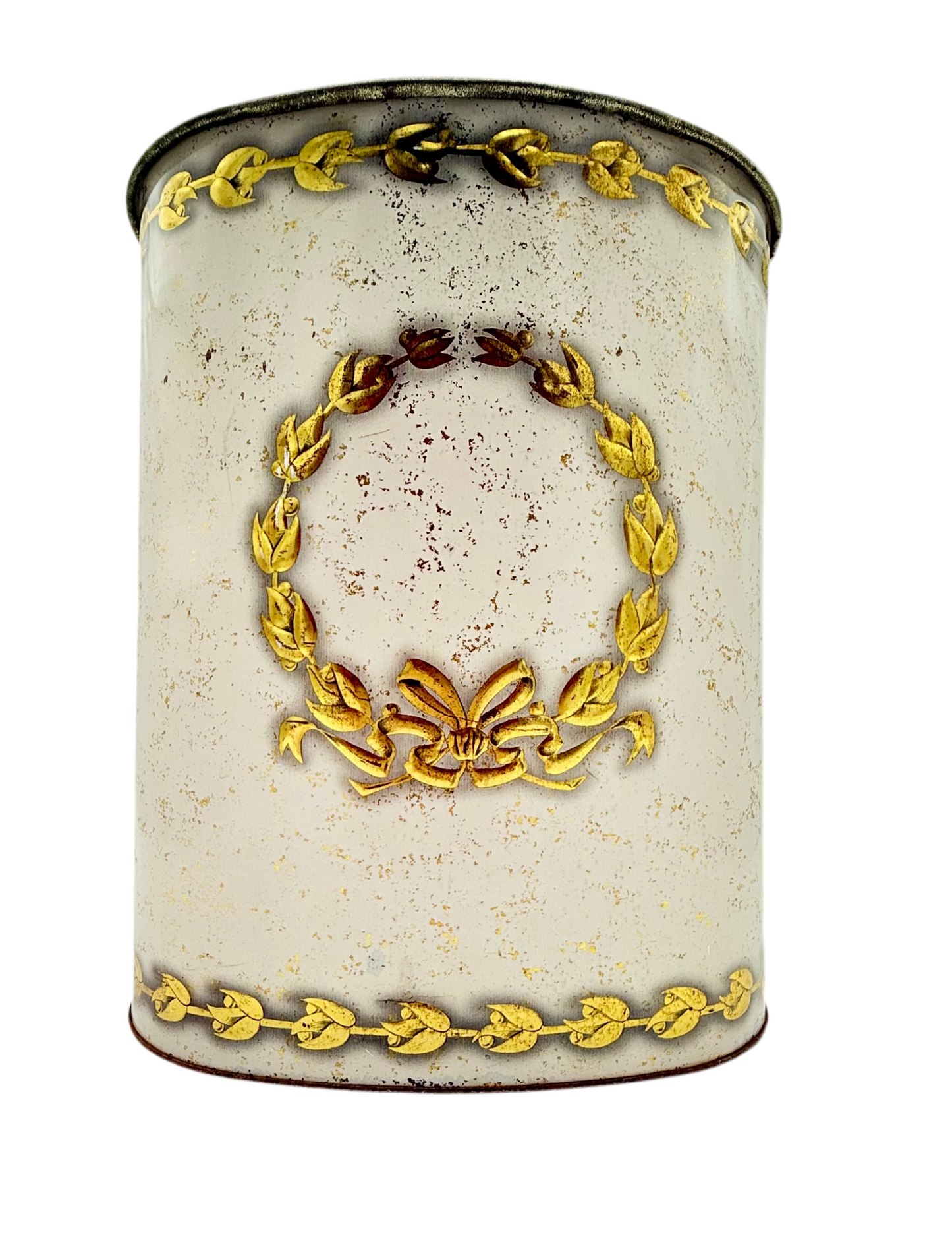VINTAGE ITALIAN GILT TOLE WASTEBASKET WITH LAUREL WREATH AND RIBBON MOTIF – HOLLYWOOD REGENCY STYLE