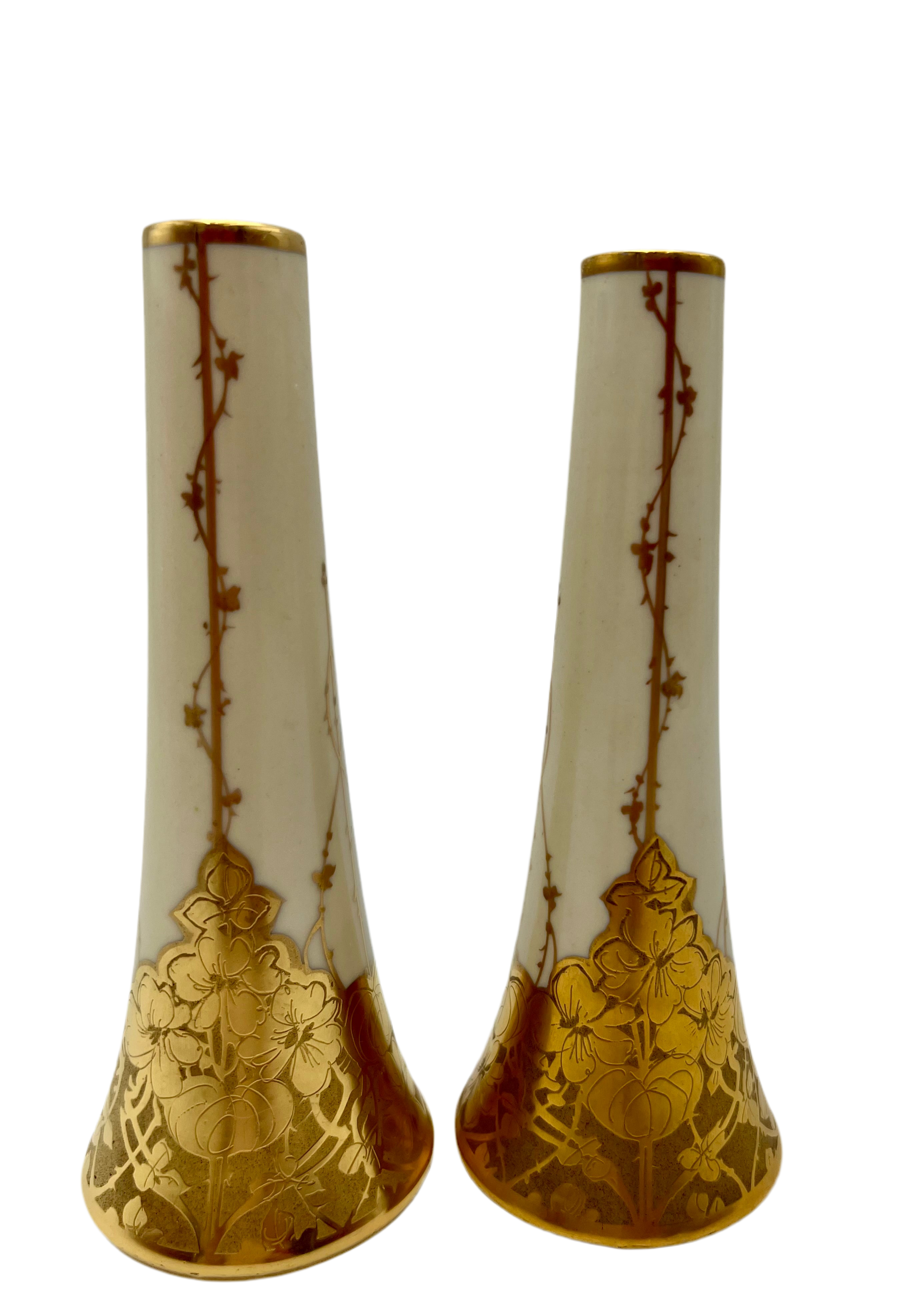 VINTAGE STEINER STUDIO LOS ANGELES 22K GOLD HAND DECORATED SALT & PEPPER SHAKERS – 6.25 INCH