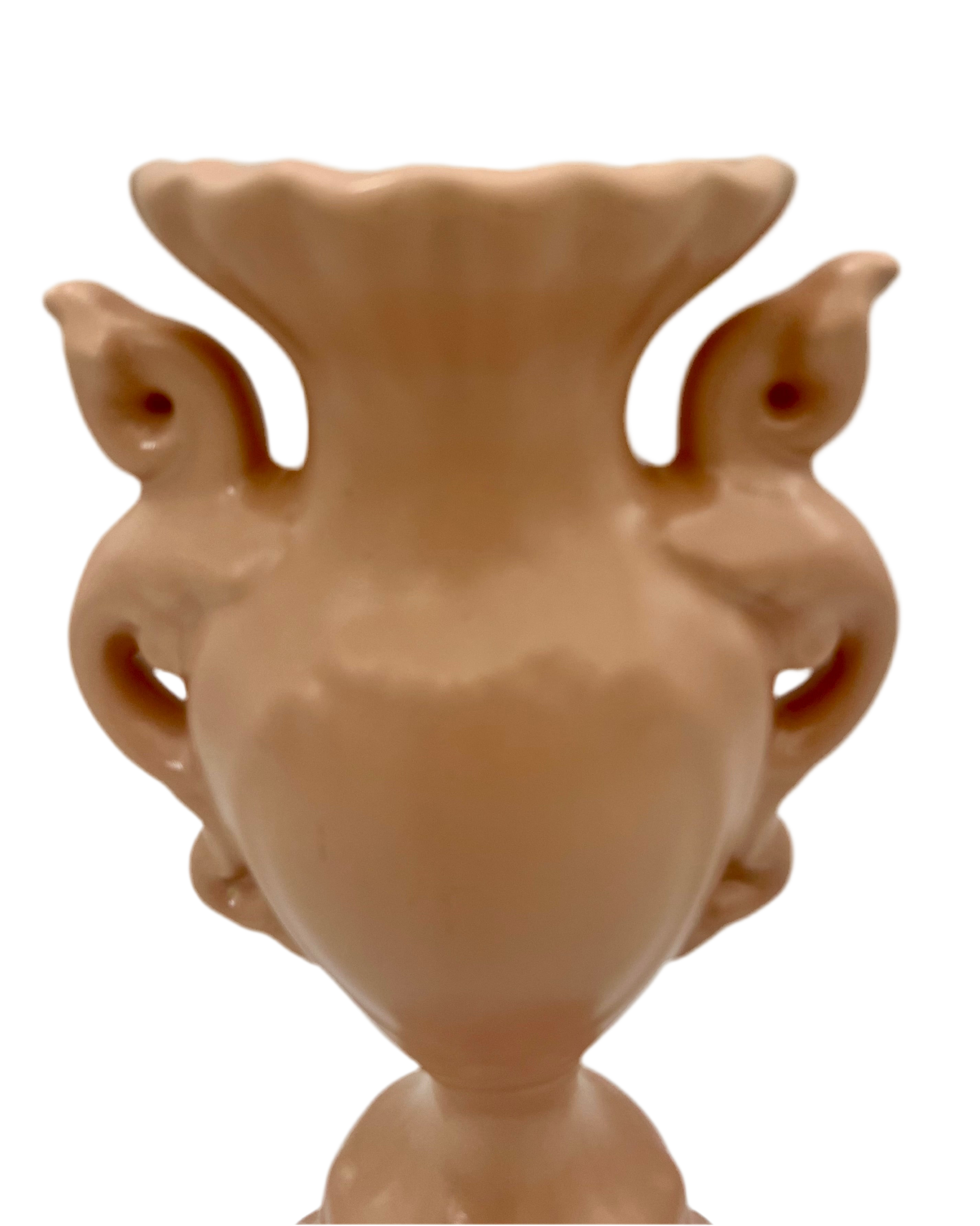 RUMRILL ART POTTERY VASE WITH BIRD HANDLES – 15″ PINK SATIN GLAZE