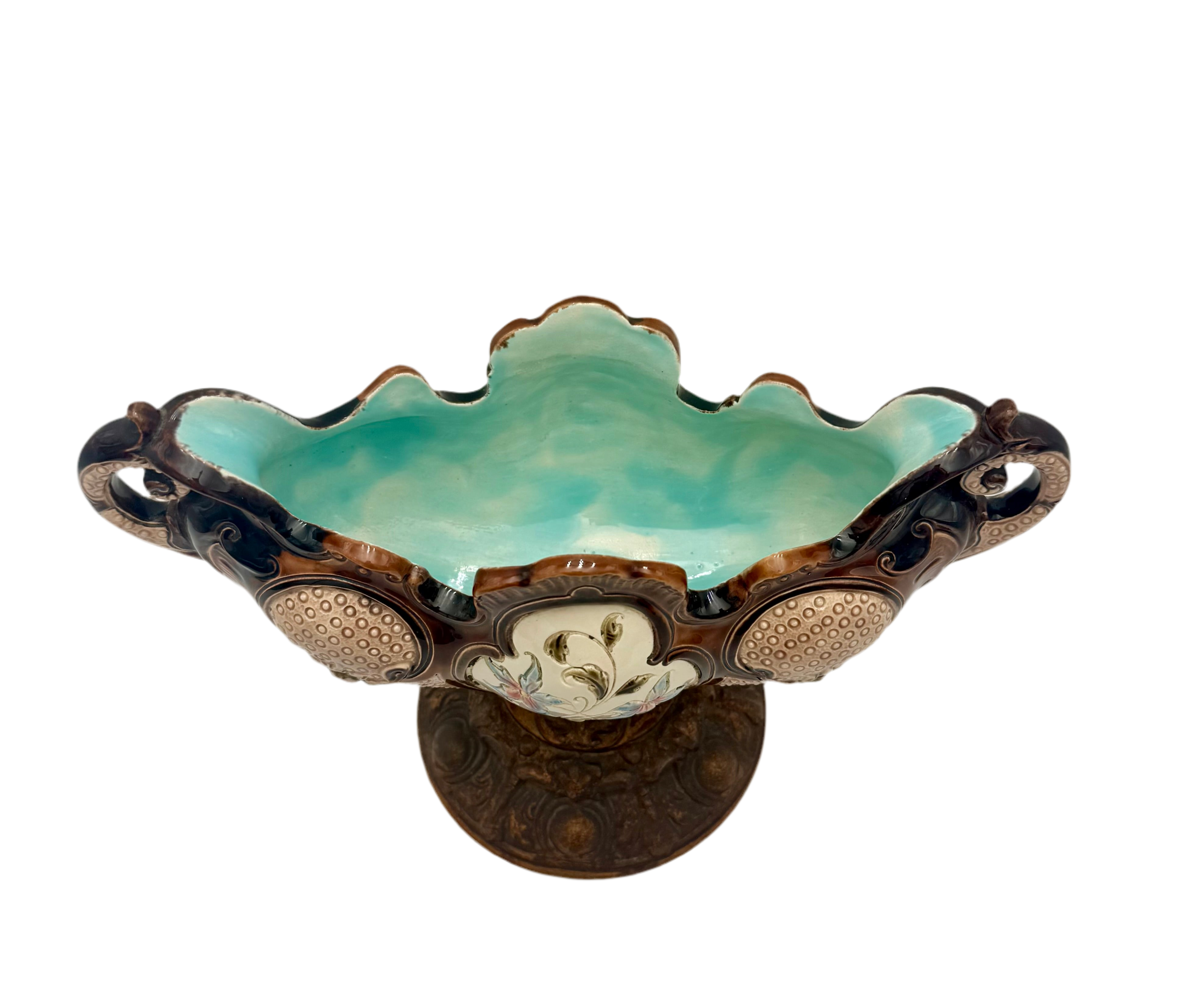 ANTIQUE VICTORIAN MAJOLICA PEDESTAL PLANTER – HAND PAINTED FLORAL SCALLOPED BOWL