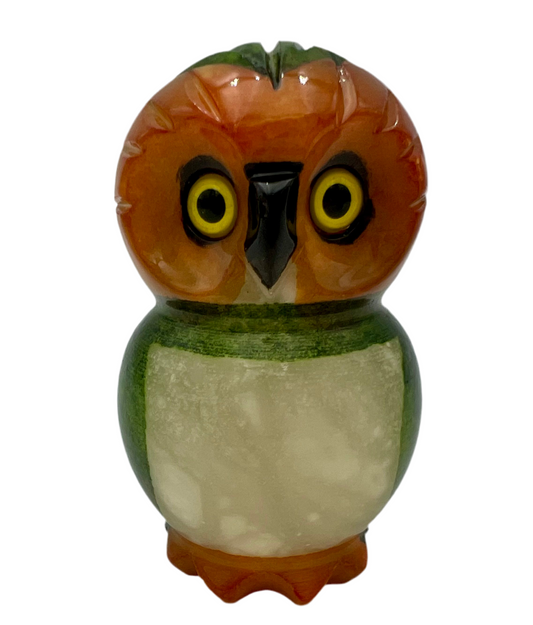 VINTAGE DUCCESCHI ITALIAN ALABASTER OWL • HAND CARVED & HAND PAINTED • MID CENTURY VOLTERRA STONE FIGURINE • GREEN & ORANGE ALABASTER BIRD
