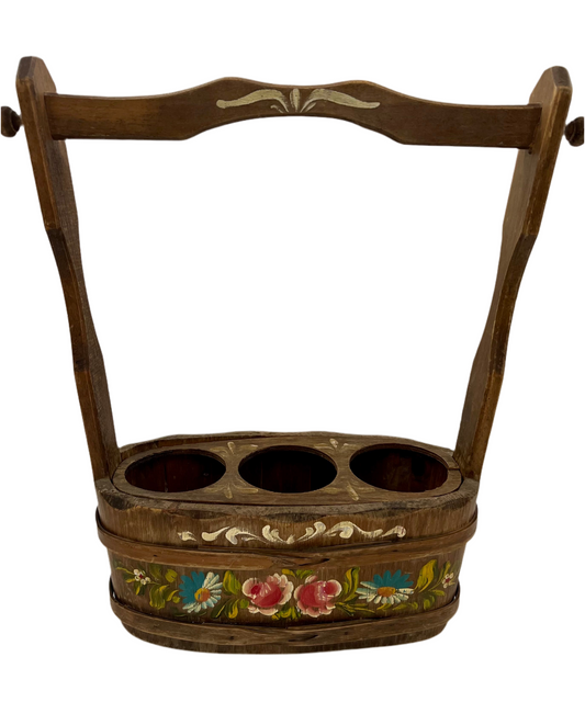 ANTIQUE EUROPEAN HANDPAINTED WOOD THREE BOTTLE WINE CARRIER