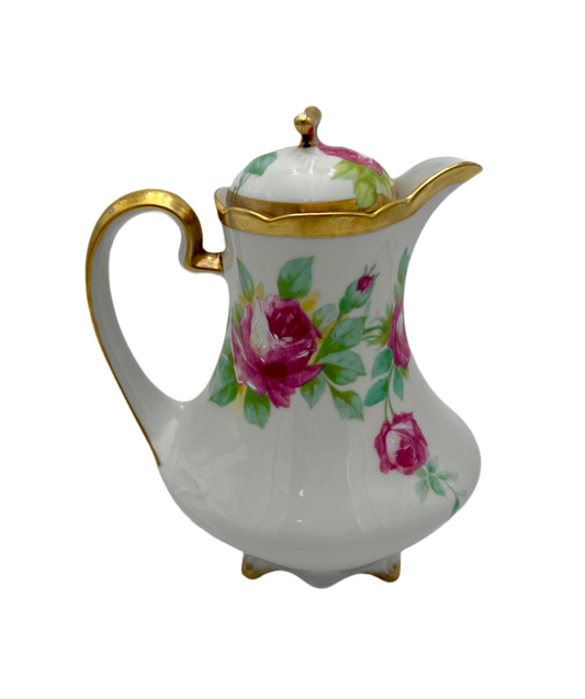ANTIQUE LIMOGES “CORONET” HAND-PAINTED CHOCOLATE POT – SIGNED MAVALEIX – PINK ROSES & GOLD TRIM – ART NOUVEAU ERA FRANCE c.1906–1920