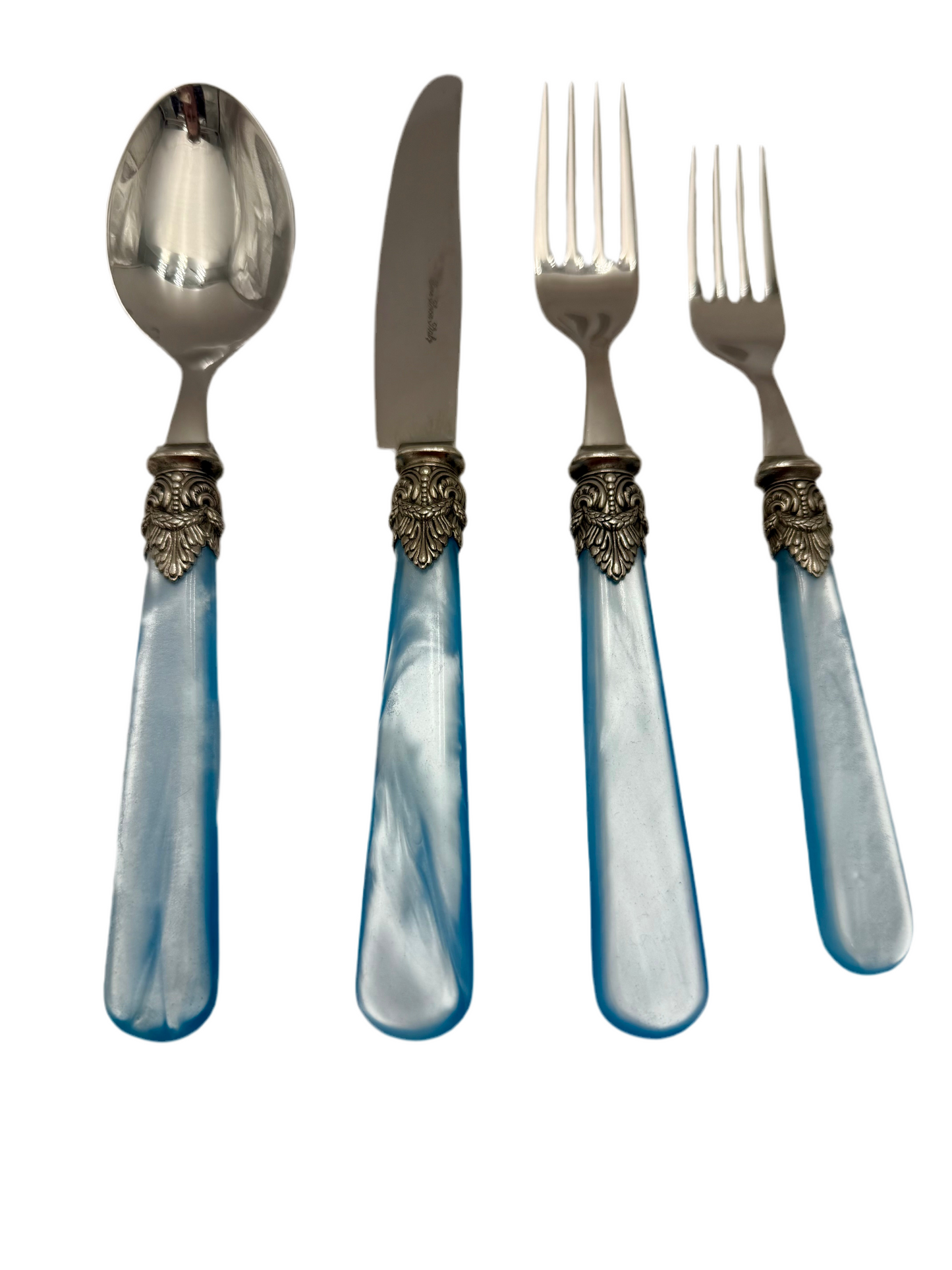 RARE BLUE EME ZINOX ITALY FLATWARE SET – 4 PIECE LUXURY PLACE SETTING WITH ORNATE SILVER DETAIL – VINTAGE ITALIAN BAROQUE TABLEWARE
