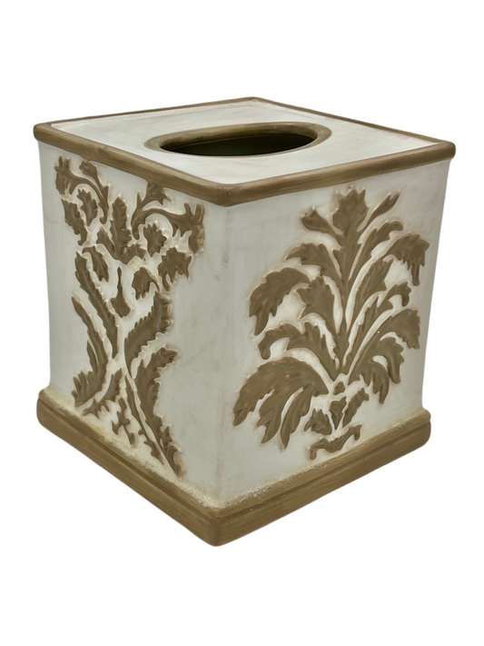 VINTAGE BEIGE AND IVORY CERAMIC TISSUE BOX COVER