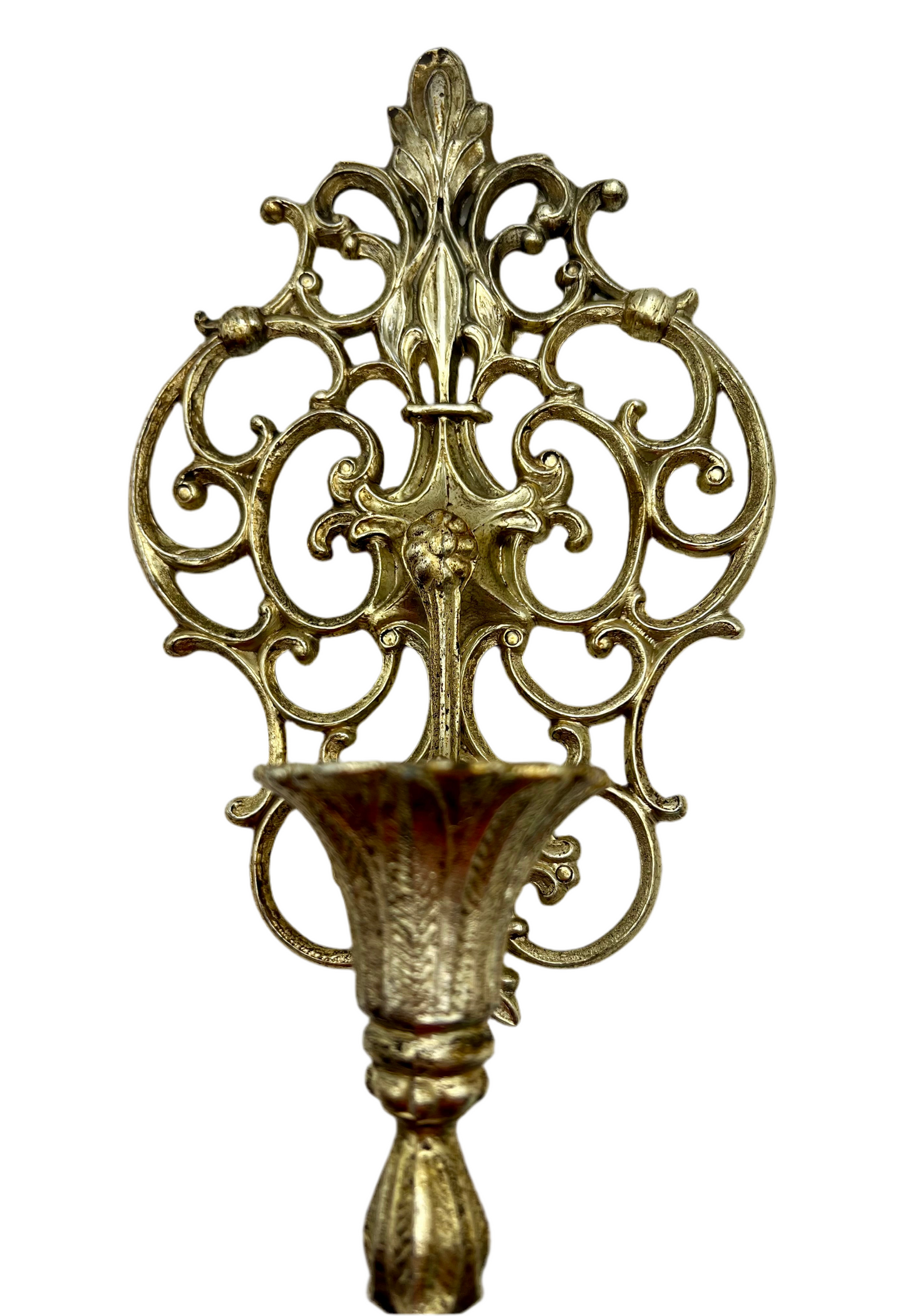PAIR VINTAGE BRASS SCROLLWORK SCONCES WITH AQUA TULIP GLASS CUPS — HOLLYWOOD REGENCY, 9.5”
