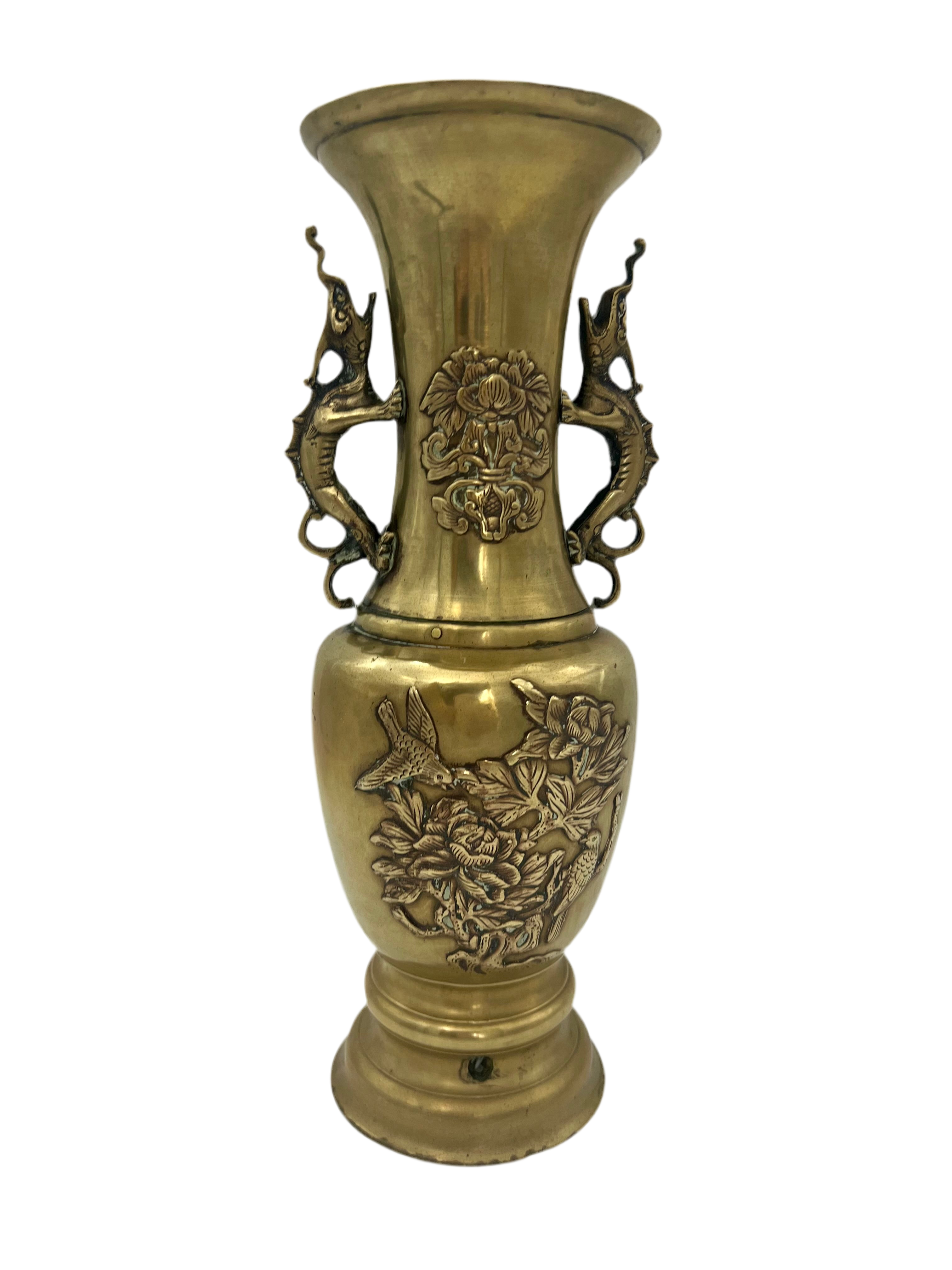 CHINOISERIE CAST BRASS DRAGON HANDLE ALTAR VASE WITH PEONY & BIRD RELIEF – 13.75 INCH STATEMENT PIECE