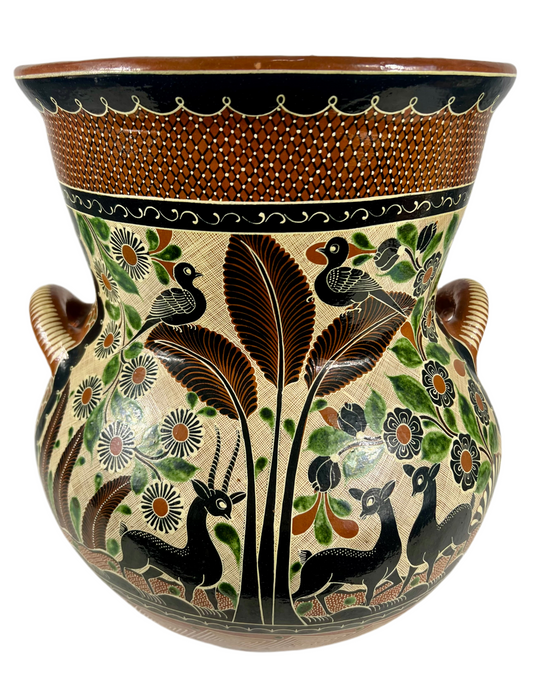 "Petatillo" Birds, Gazelles, & Floral Design Urn Signed by Renowned Master Potter, Geronimo Ramos