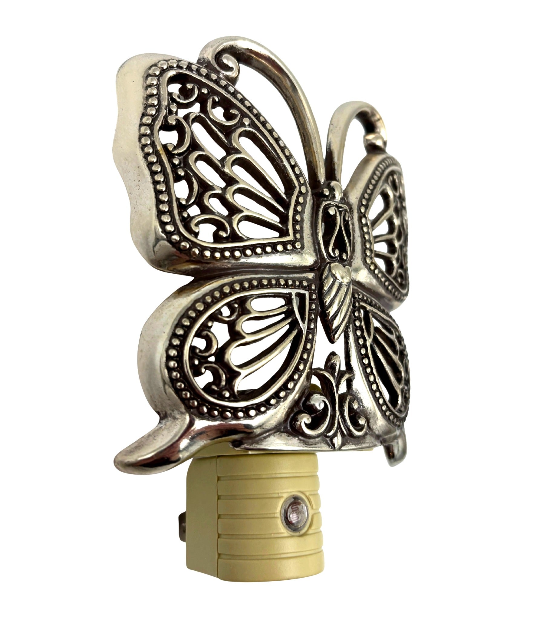 VINTAGE BRIGHTON BUTTERFLY NIGHT LIGHT – SILVER TONE PIERCED METAL PLUG-IN ACCENT LAMP