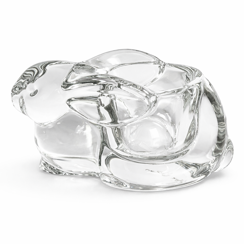 VINTAGE SOLID CRYSTAL BUNNY CANDLEHOLDER – SCULPTURAL MODERNIST CLEAR GLASS RABBIT FIGURINE