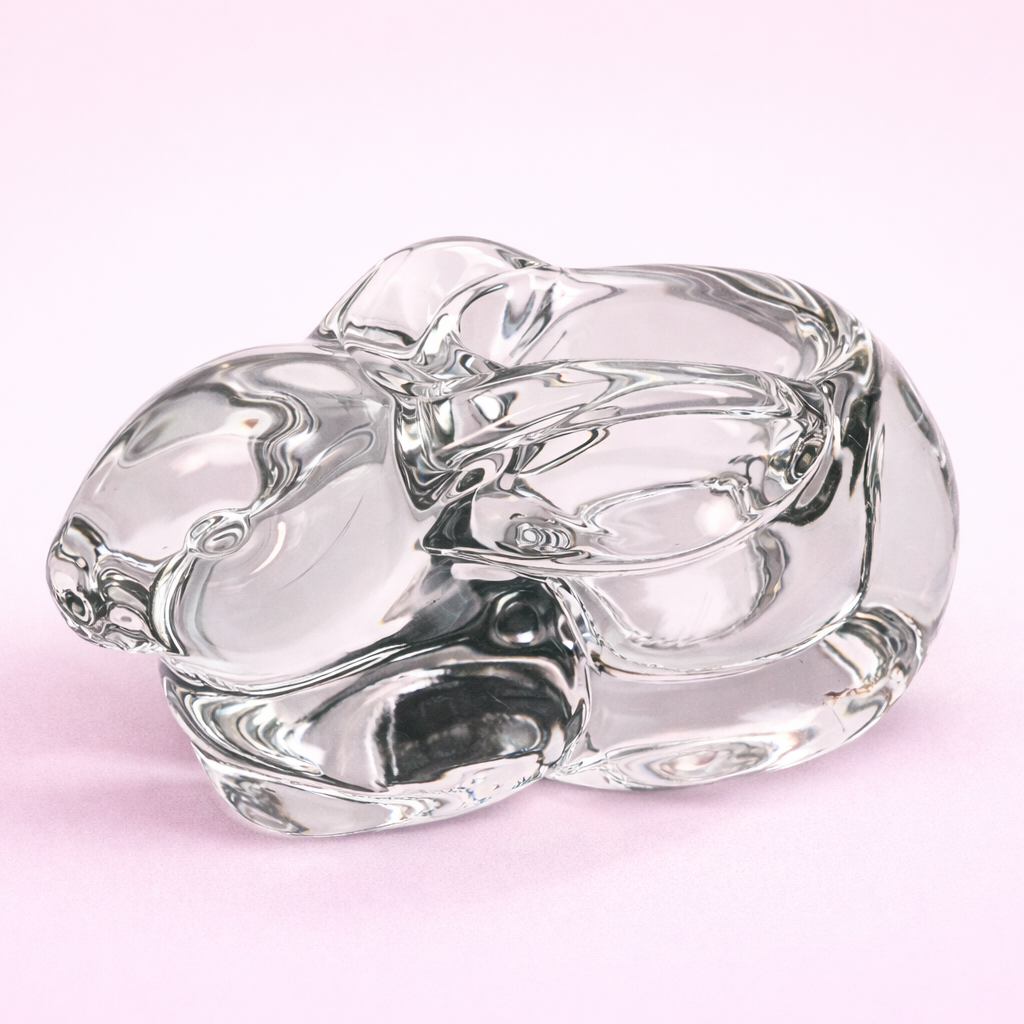 VINTAGE SOLID CRYSTAL BUNNY CANDLEHOLDER – SCULPTURAL MODERNIST CLEAR GLASS RABBIT FIGURINE