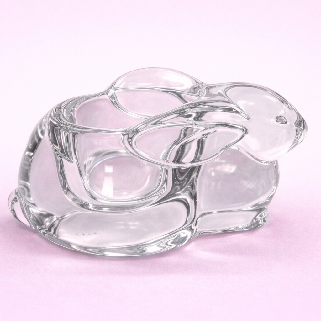 VINTAGE SOLID CRYSTAL BUNNY CANDLEHOLDER – SCULPTURAL MODERNIST CLEAR GLASS RABBIT FIGURINE