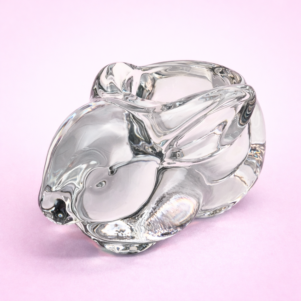 VINTAGE SOLID CRYSTAL BUNNY CANDLEHOLDER – SCULPTURAL MODERNIST CLEAR GLASS RABBIT FIGURINE