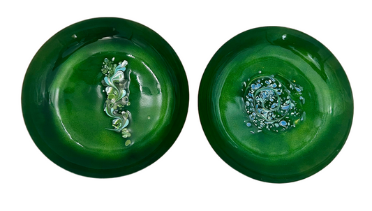LEON STATHAM ENAMEL ON COPPER PLATES – MID-CENTURY MODERN GREEN ABSTRACT PAIR 8 INCHES