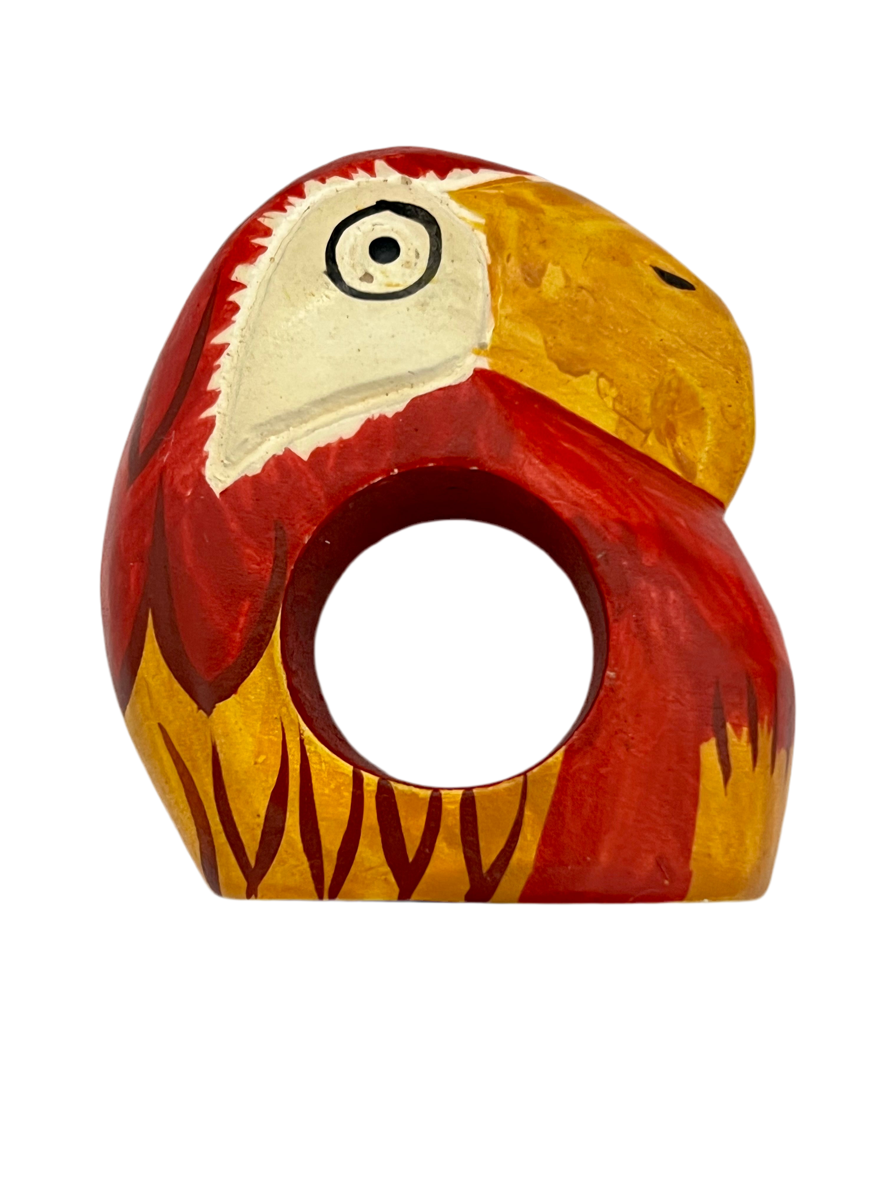 VINTAGE HAND CARVED PARROT NAPKIN RINGS SET OF 8 — MADE IN THE PHILIPPINES — 1970s–1990s FOLK ART WOODEN TABLEWARE