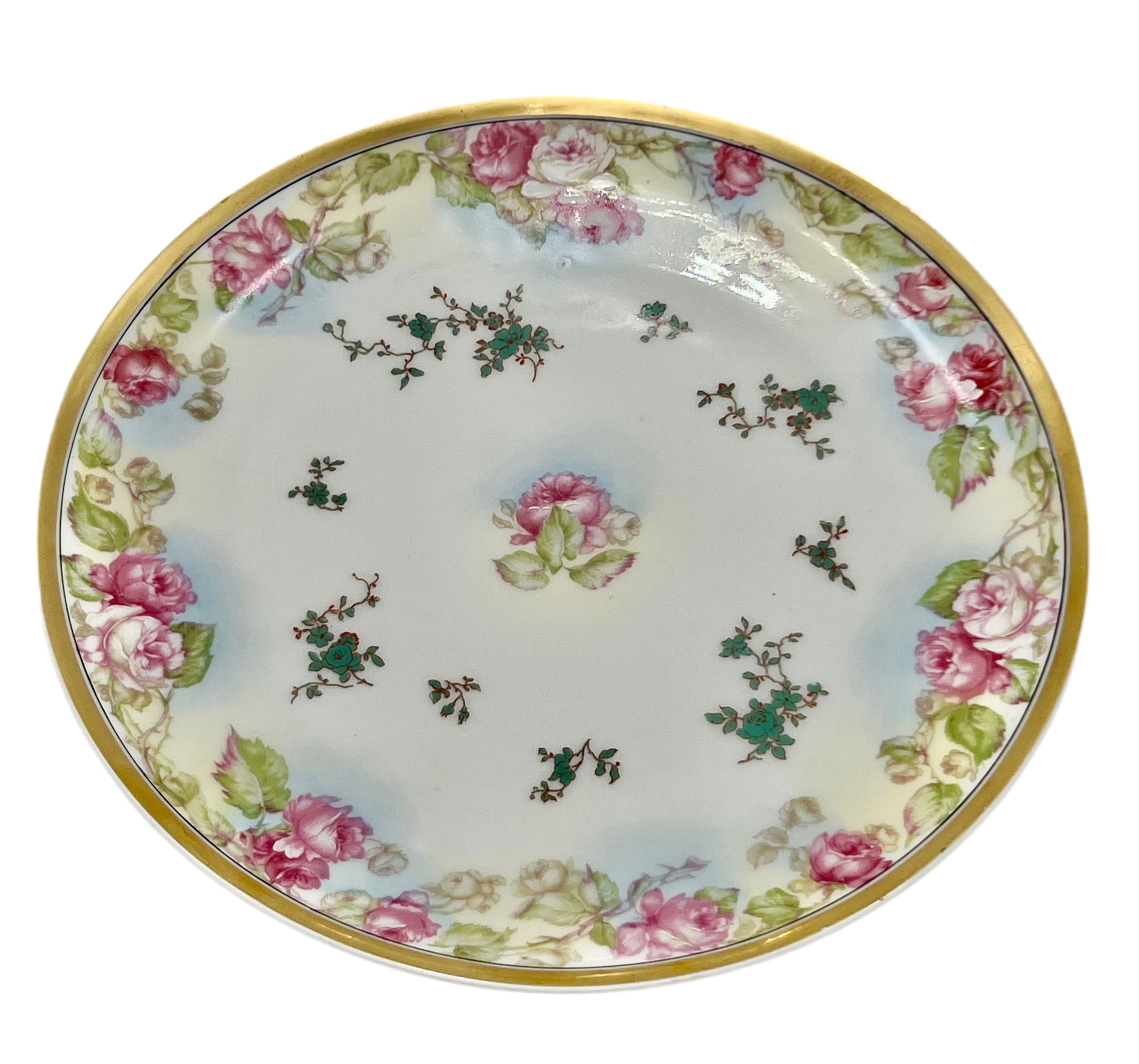 HAVILAND LIMOGES FRANCE PORCELAIN PLATE WITH ROSES AND GOLD RIM – 9 INCH ANTIQUE FRENCH DECORATIVE PLATE
