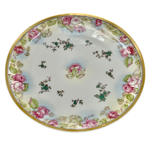 HAVILAND LIMOGES FRANCE PORCELAIN PLATE WITH ROSES AND GOLD RIM – 9 INCH ANTIQUE FRENCH DECORATIVE PLATE