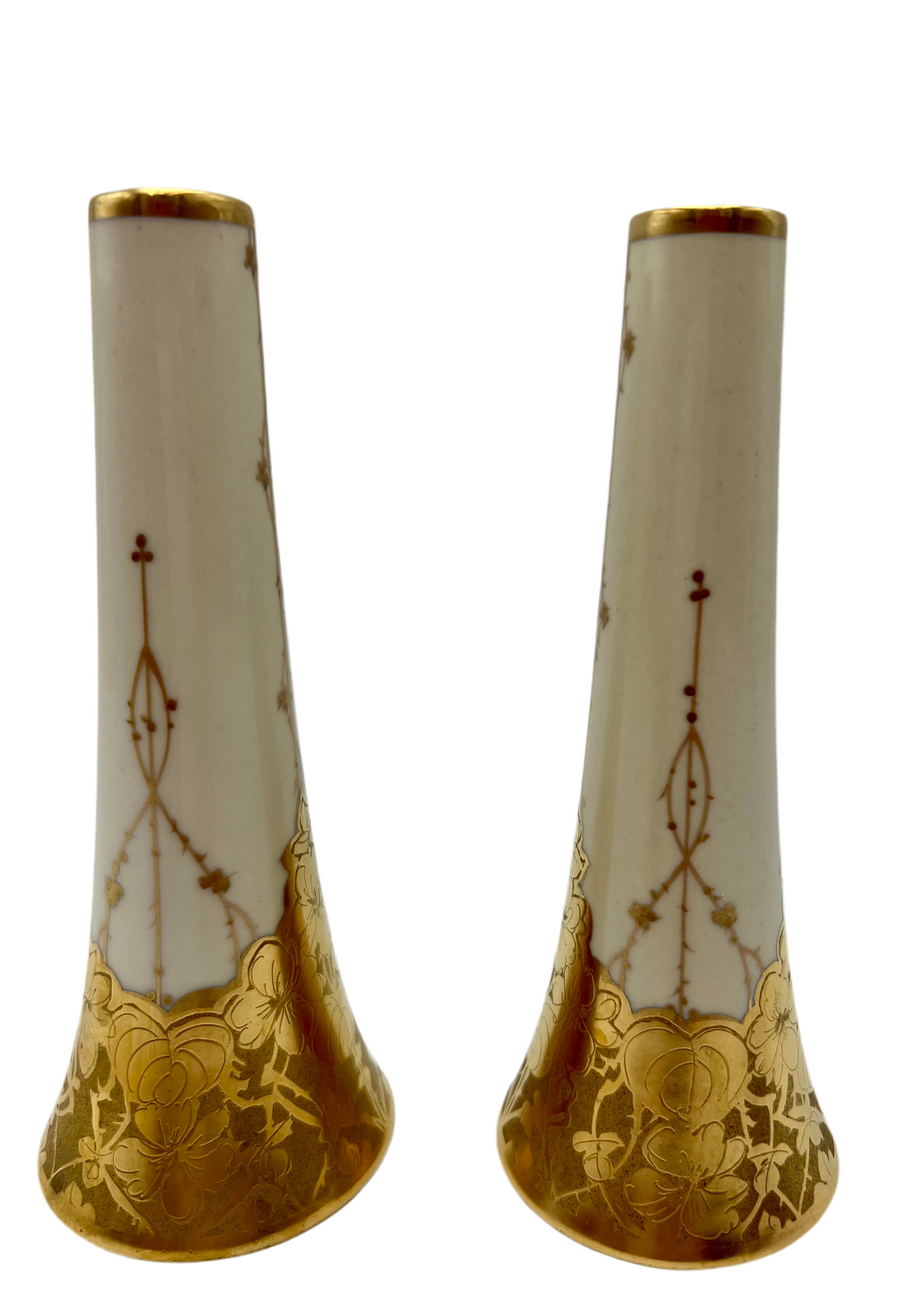 VINTAGE STEINER STUDIO LOS ANGELES 22K GOLD HAND DECORATED SALT & PEPPER SHAKERS – 6 ¼ INCH