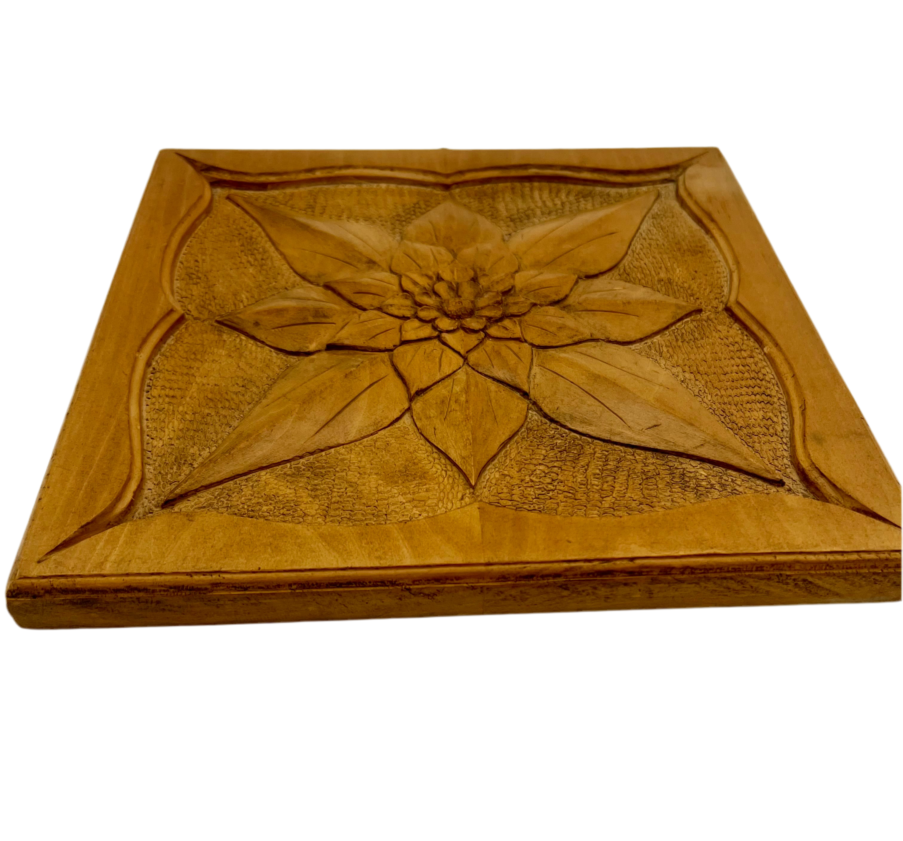 VINTAGE 1972 HAND-CARVED WOOD FLORAL WALL PLAQUE BY F. L. ARMSTRONG — COPY OF ALEXANDER ZELLER DESIGN — 10x10 STUDIO FOLK ART