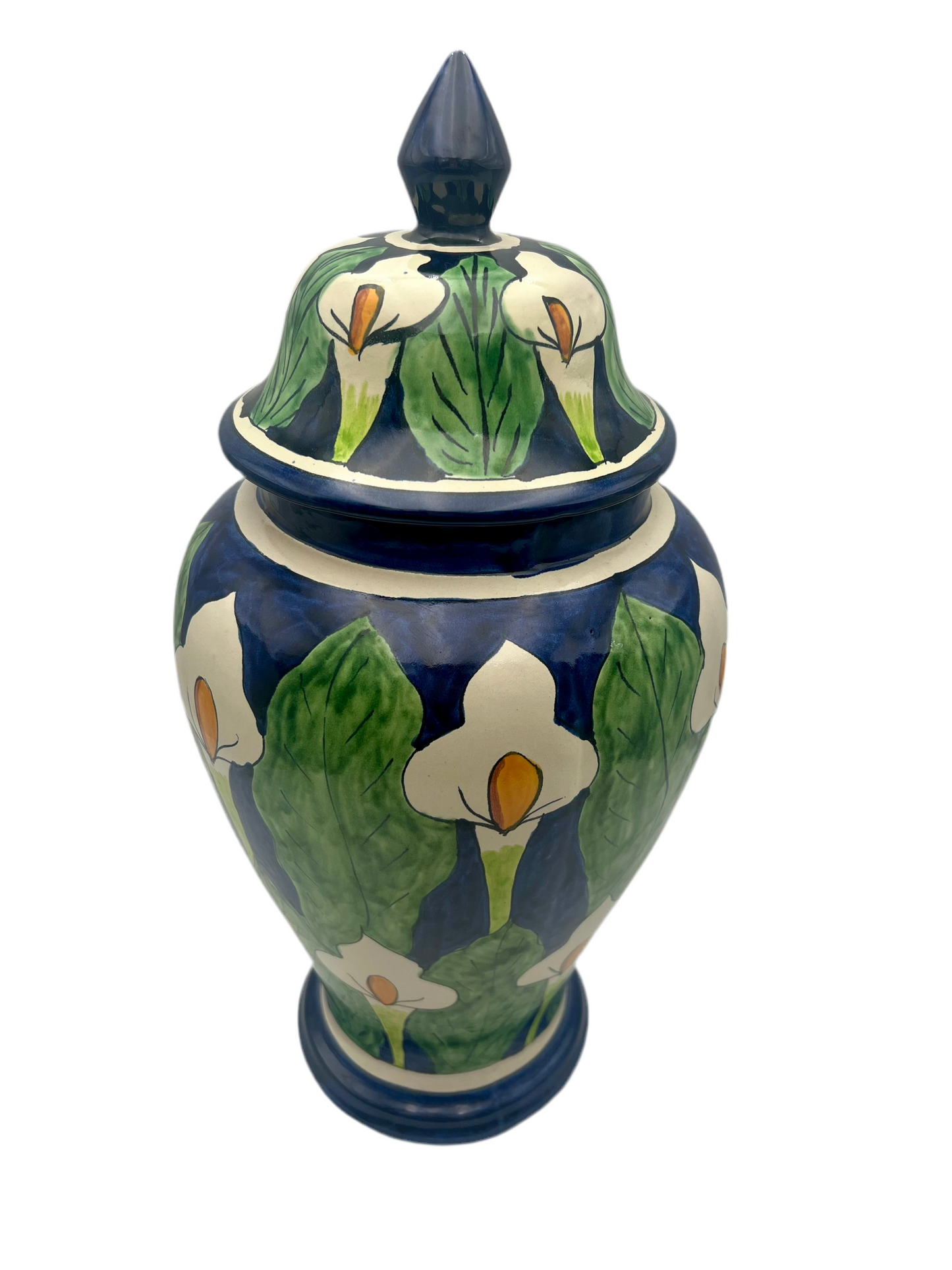 VINTAGE MEXICAN FOLK ART CALLA LILLY  HAND PAINTED MORA POTTERY LARGE VASE