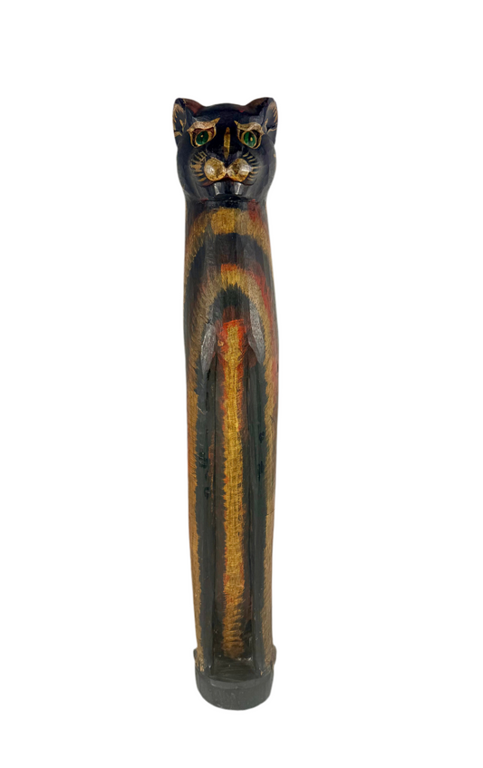 Vintage 32″ Hand-Carved Wooden Cat Sculpture – Folk Art Whimsy Statement Piece