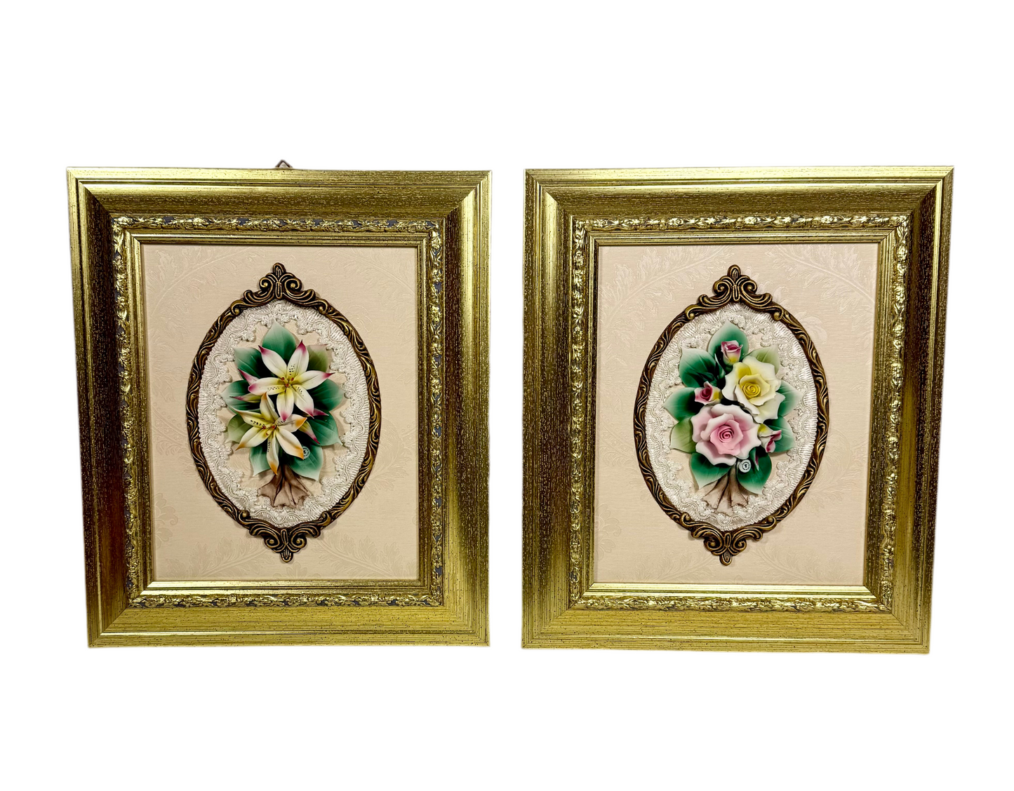 CREAZIONI ARTISTICHE DI CAPODIMONTE – VINTAGE ITALIAN PORCELAIN FLORAL WALL PLAQUES – GOLD GILT FRAMES – 16.5” × 14” – SET OF TWO