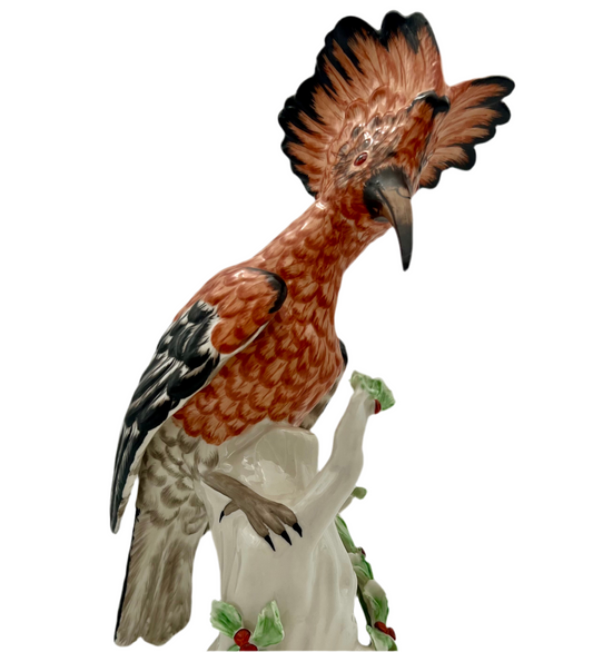 German Dresden-Style Hoopoe Bird Porcelain Figurine, Exotic Bird on Stump, 12” Tall