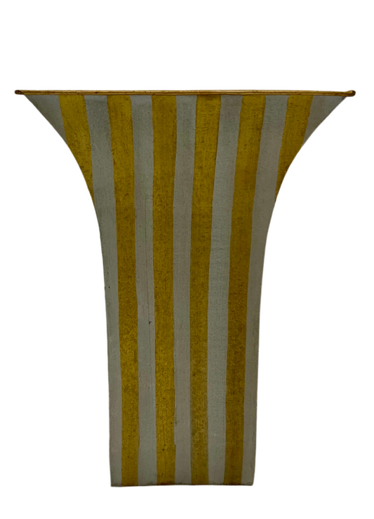 GOLD AND SILVER STRIPED TIN WASTEBASKET/PLANTER VASE, CIRCA 1963