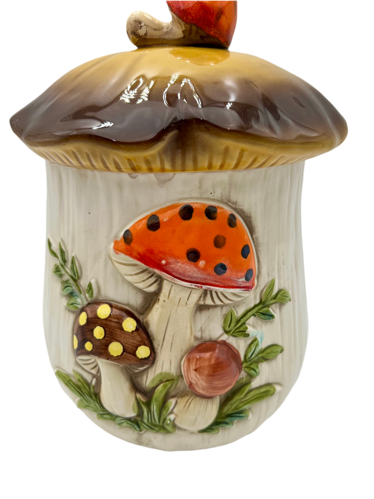 VINTAGE MERRY MUSHROOM  11 X 8.5 INCH CANISTER