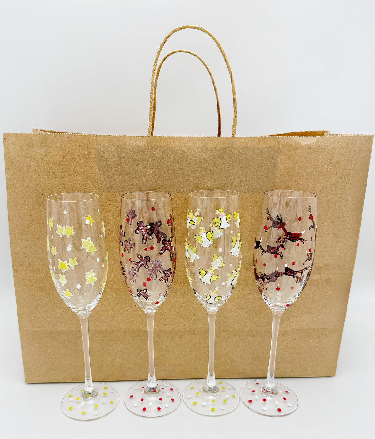Hand Painted Christmas Champagne Flutes Set of 4, Vintage Holiday Glasses, Angels Reindeer Gingerbread Stars, Whimsical Stemware