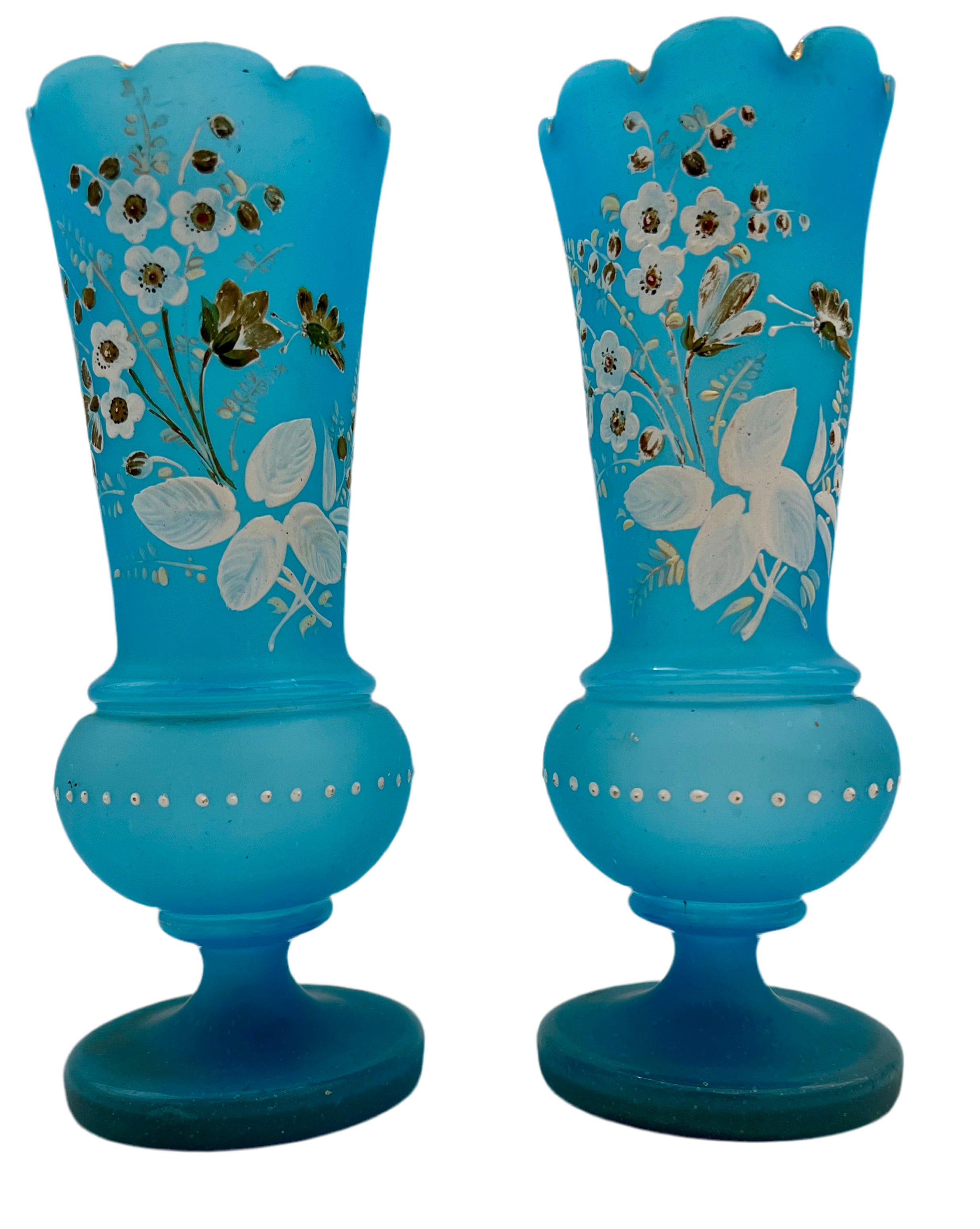 PAIR OF ANTIQUE BLUE SATIN GLASS VASES WITH ENAMELED FLORAL DESIGN – VICTORIAN BOHEMIAN HAND PAINTED – 11 INCHES