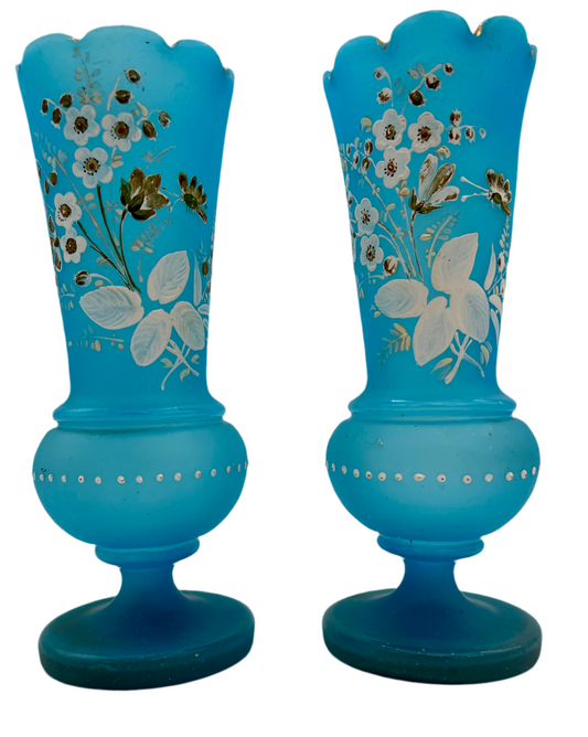 PAIR OF ANTIQUE BLUE SATIN GLASS VASES WITH ENAMELED FLORAL DESIGN – VICTORIAN BOHEMIAN HAND PAINTED – 11 INCHES