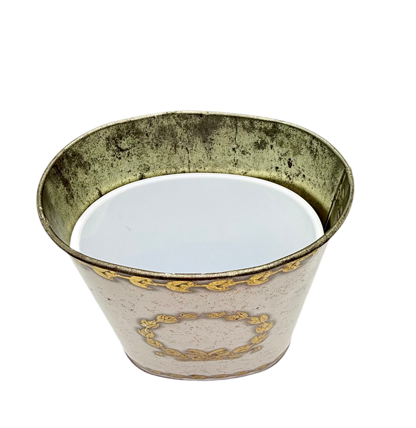 VINTAGE ITALIAN GILT TOLE WASTEBASKET WITH LAUREL WREATH AND RIBBON MOTIF – HOLLYWOOD REGENCY STYLE