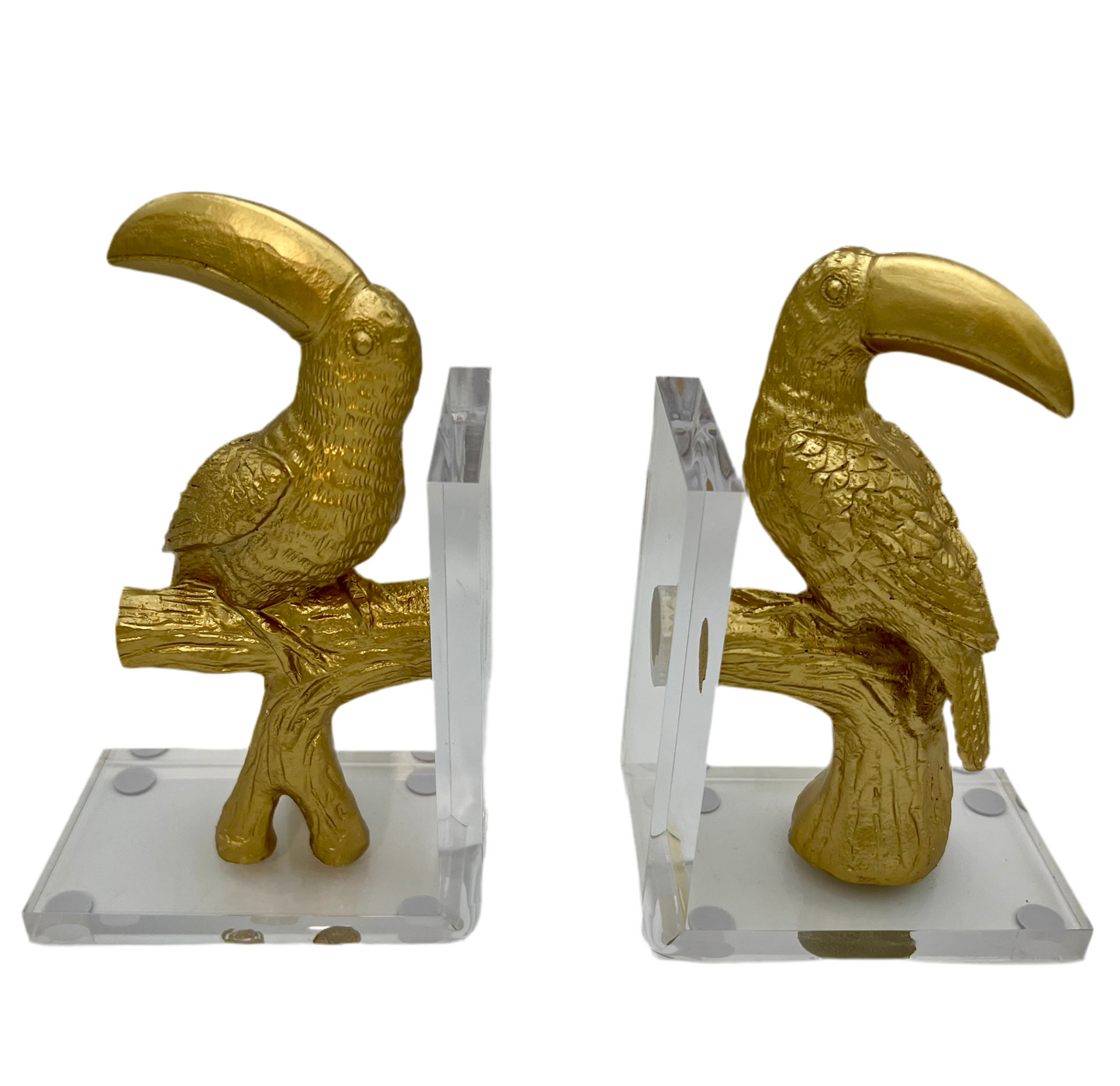 VINTAGE 1980S LUCITE GOLD TOUCAN BOOKENDS
