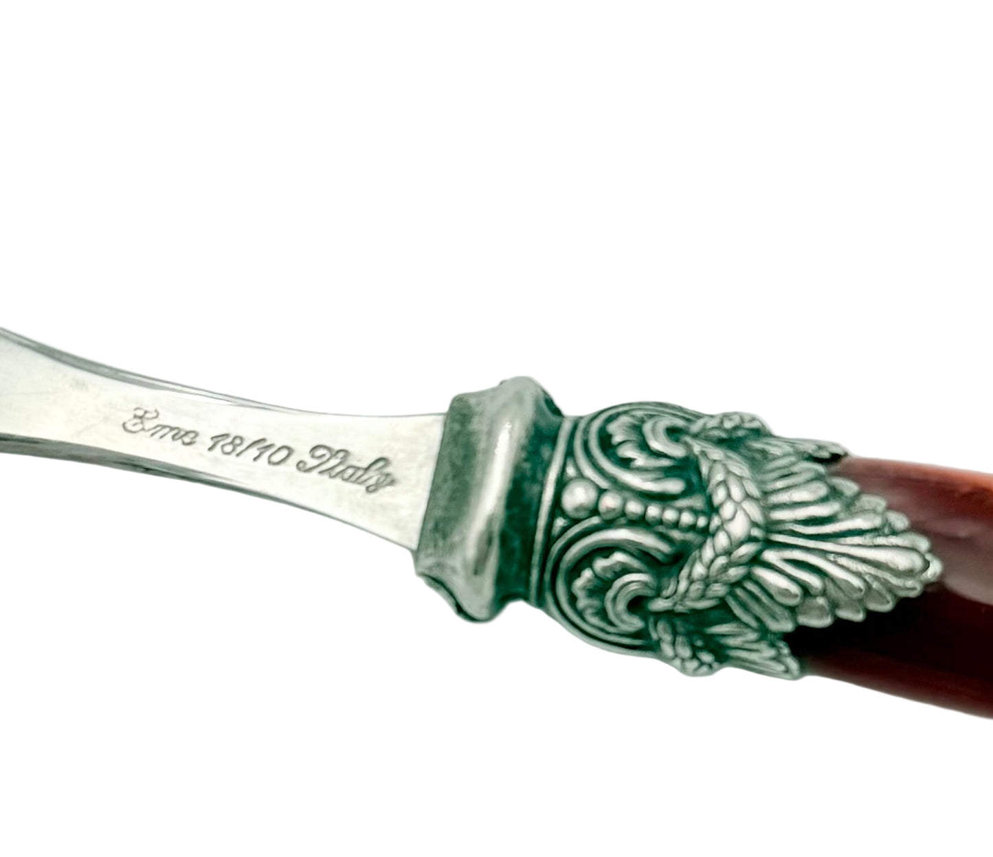 VINTAGE EME ZINOX ITALY SPOON – BURGUNDY LUCITE HANDLE WITH ORNATE SILVER DETAIL – LUXURY ITALIAN FLATWARE