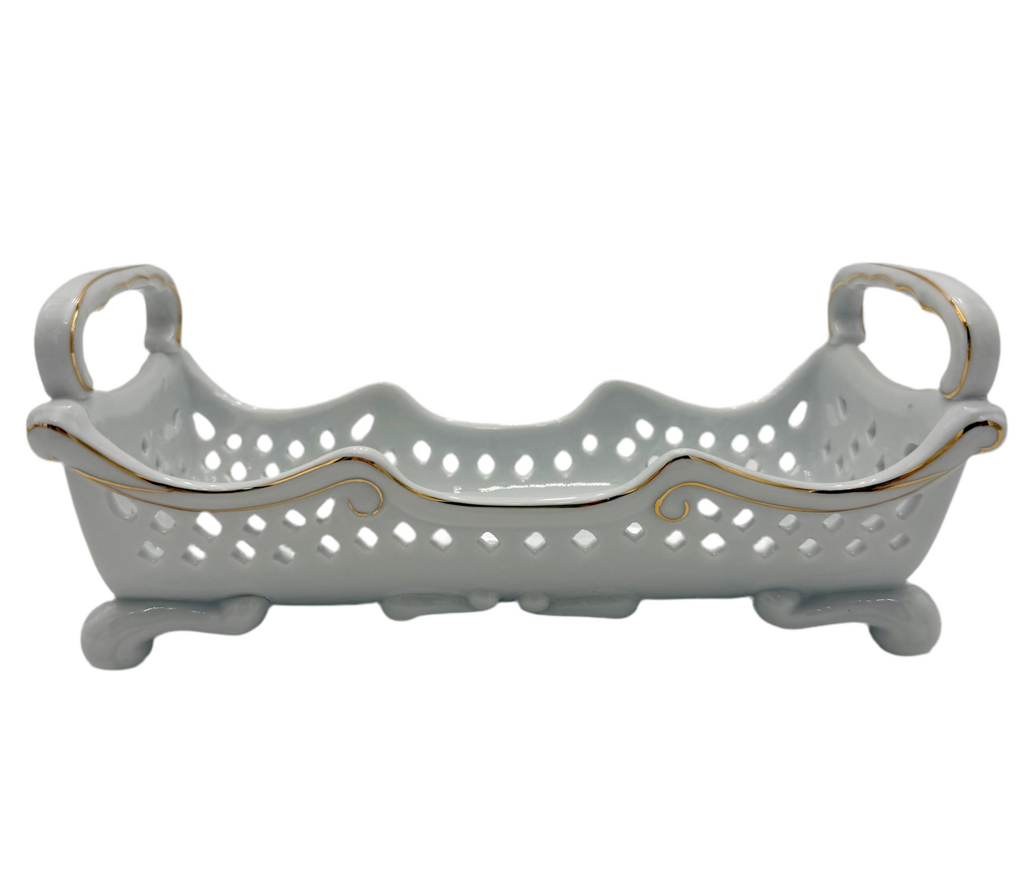 ELEGANT RETICULATED PORCELAIN CENTERPIECE BASKET WITH GOLD TRIM BY B&L PORCELAIN TREASURES