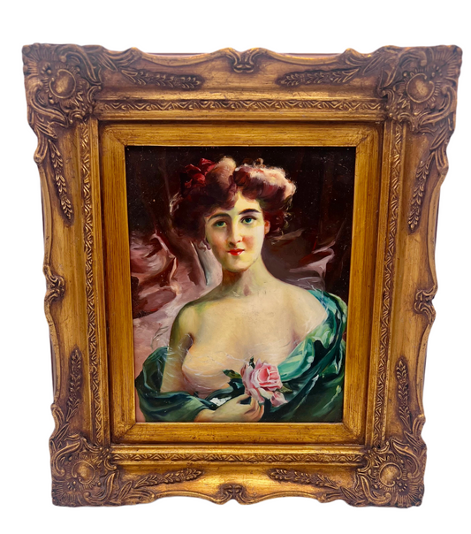 ANTIQUE STYLE PORTRAIT PAINTING OF LADY WITH ROSE IN ORNATE GILT FRAME