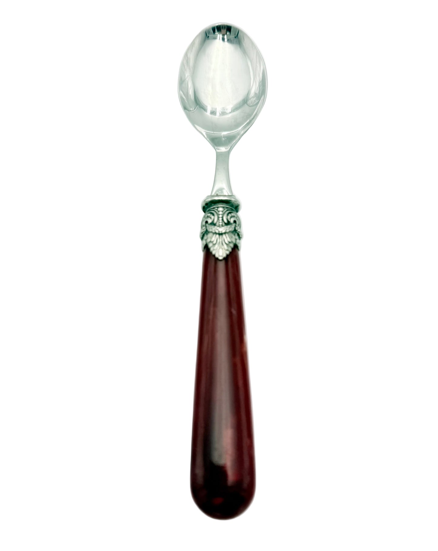 VINTAGE EME ZINOX ITALY SPOON – BURGUNDY LUCITE HANDLE WITH ORNATE SILVER DETAIL – LUXURY ITALIAN FLATWARE