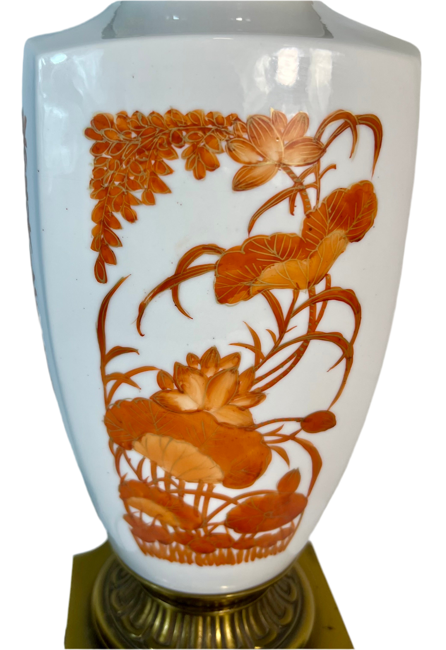 VINTAGE STIFFEL PORCELAIN & BRASS TABLE LAMP – ORANGE FLORAL & BAMBOO DESIGN