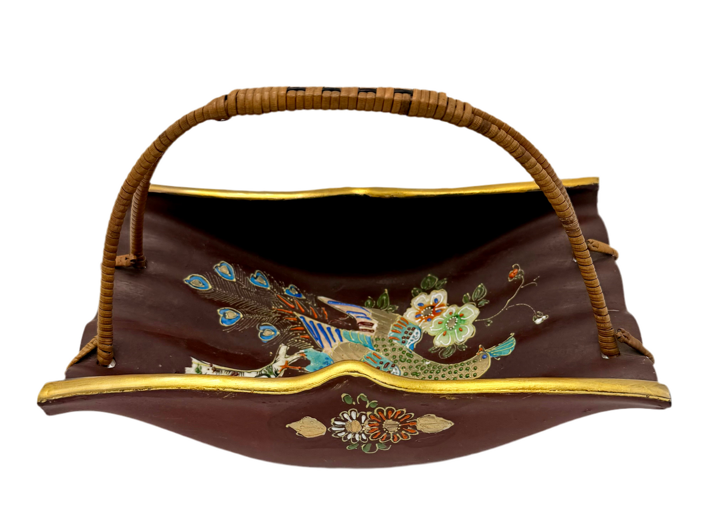 VINTAGE HAND-PAINTED JAPANESE PEACOCK BASKET – MORIAGE ENAMEL & GOLD TRIM – MID-CENTURY ASIAN DECOR