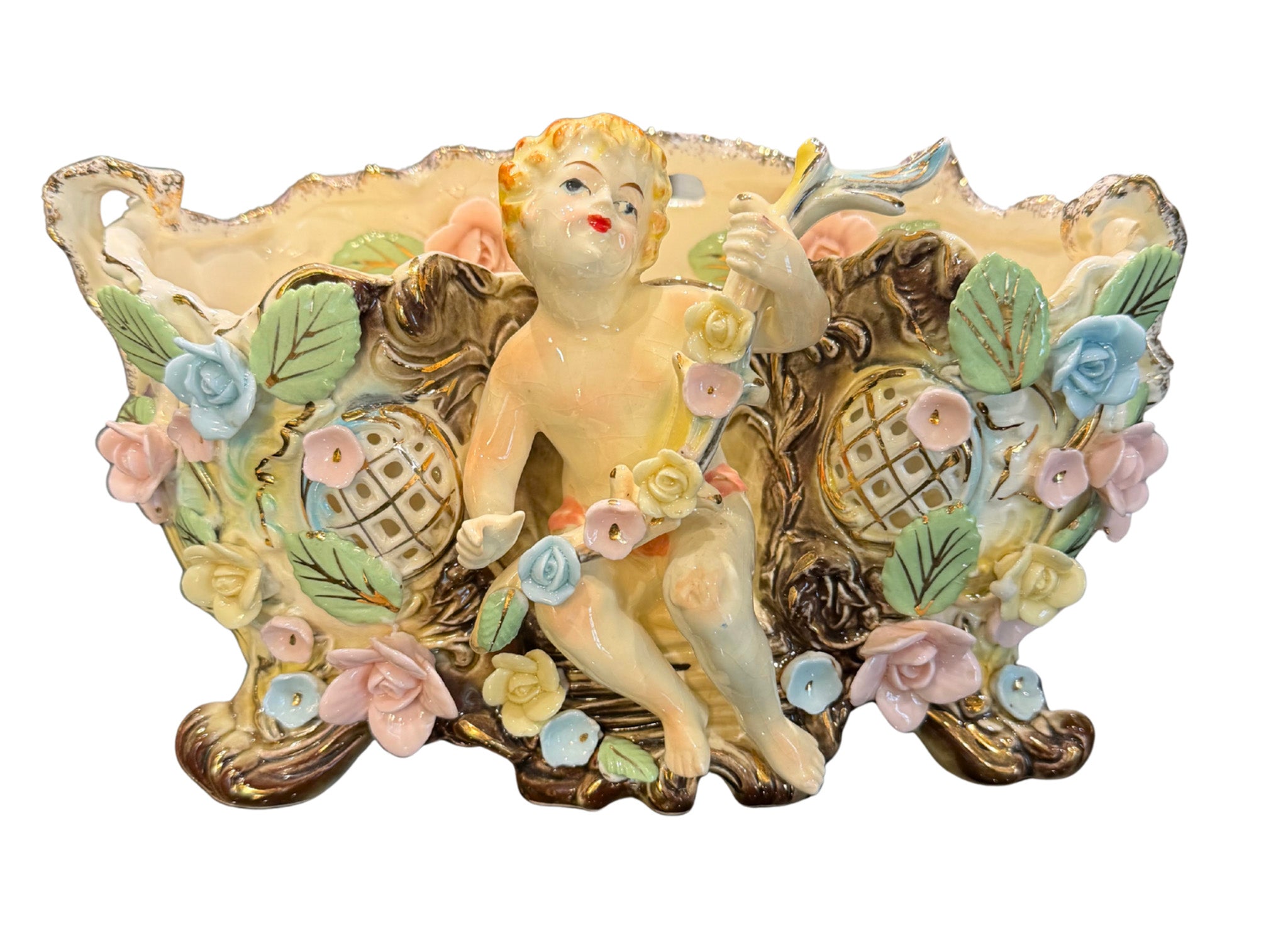 VINTAGE UCAGCO JAPAN CHERUB PORCELAIN CONSOLE BOWL CENTERPIECE WITH APPLIED ROSES HOLLYWOOD REGENCY ROCOCO DECOR