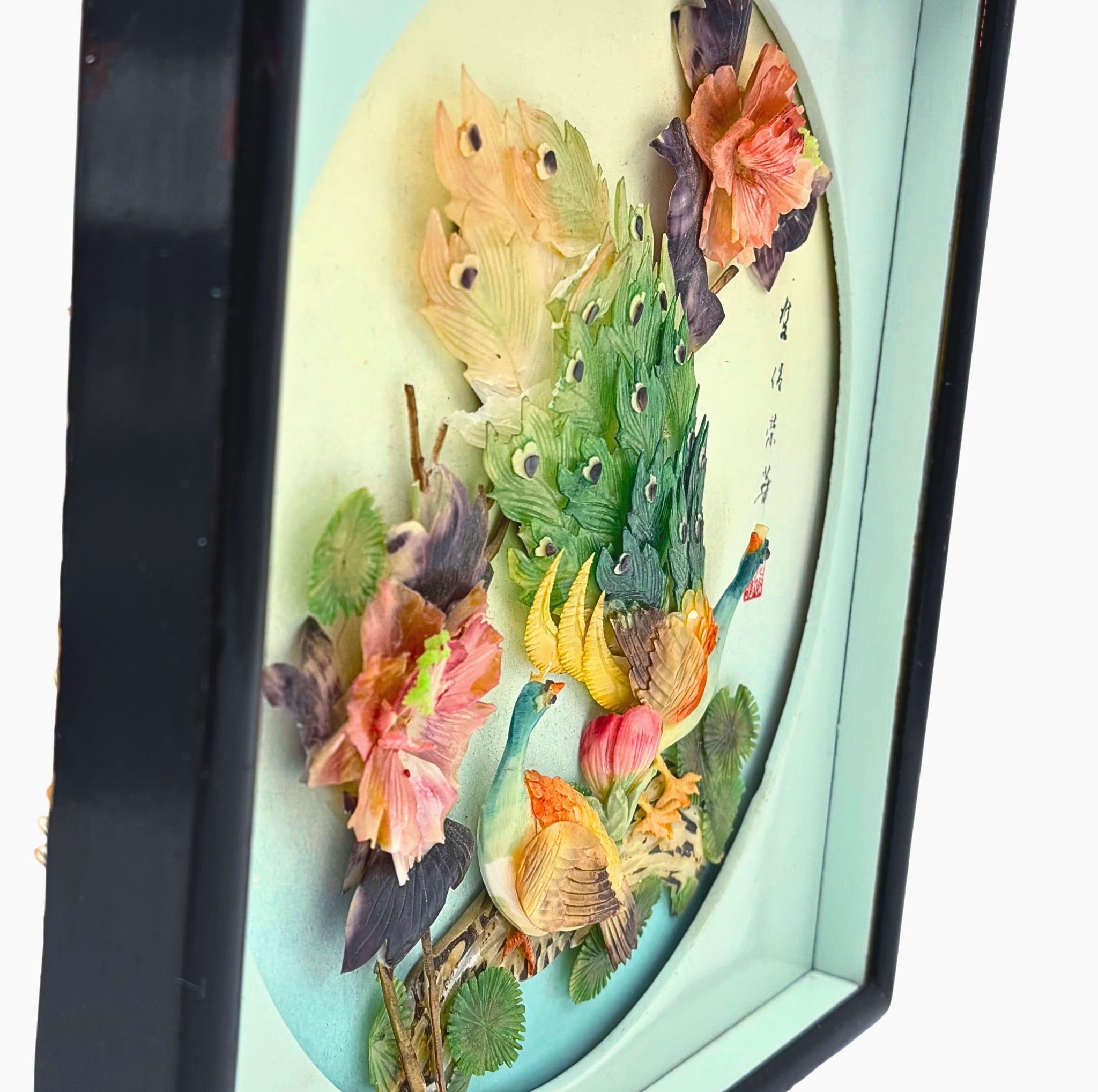 VINTAGE CHINESE CARVED SHELL PEACOCK SHADOW BOX WALL ART