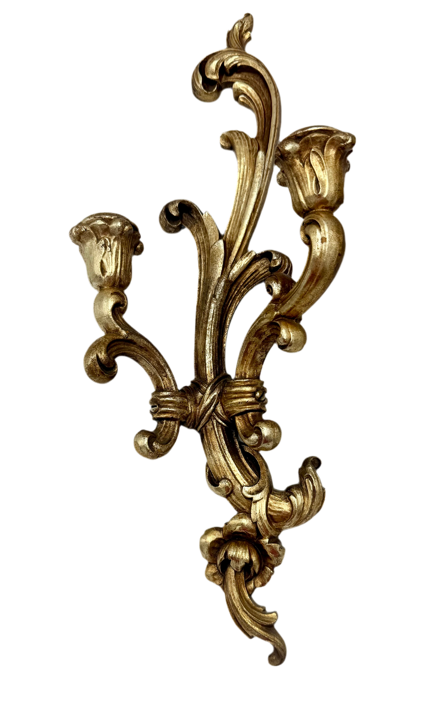 PAIR OF VINTAGE SYROCO WOOD GOLD ROCOCO CANDLE SCONCES – HOLLYWOOD REGENCY WALL DECOR
