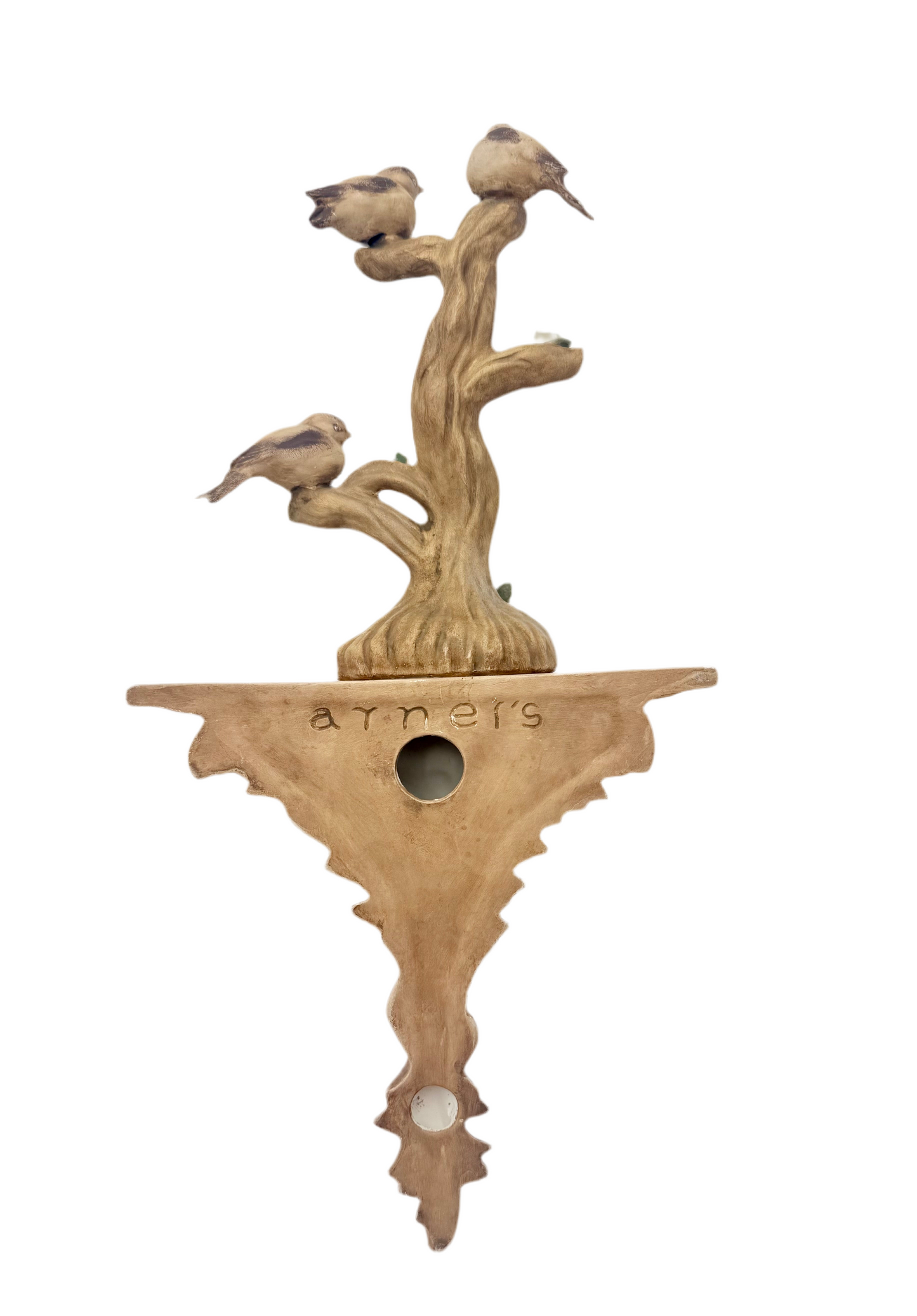 VINTAGE ARNER’S CERAMIC WALL SCULPTURE – THREE BIRDS ON TREE WITH FLOWERS – HOLLYWOOD REGENCY COTTAGECORE WALL ART