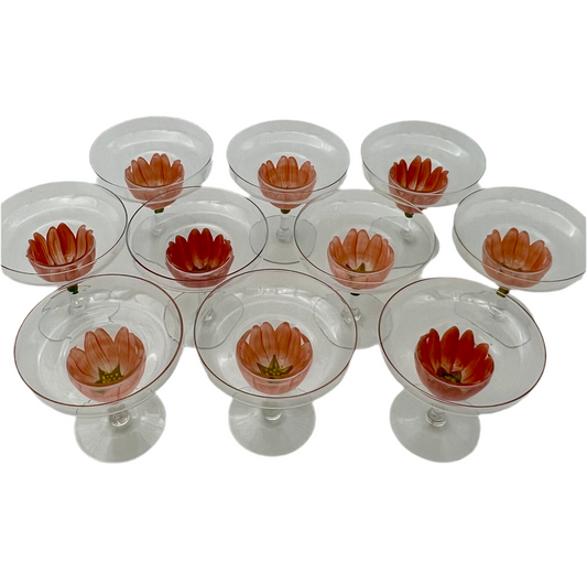 SET OF 10 VINTAGE HAND PAINTED PINK FLOWER MARGARITA GLASSES